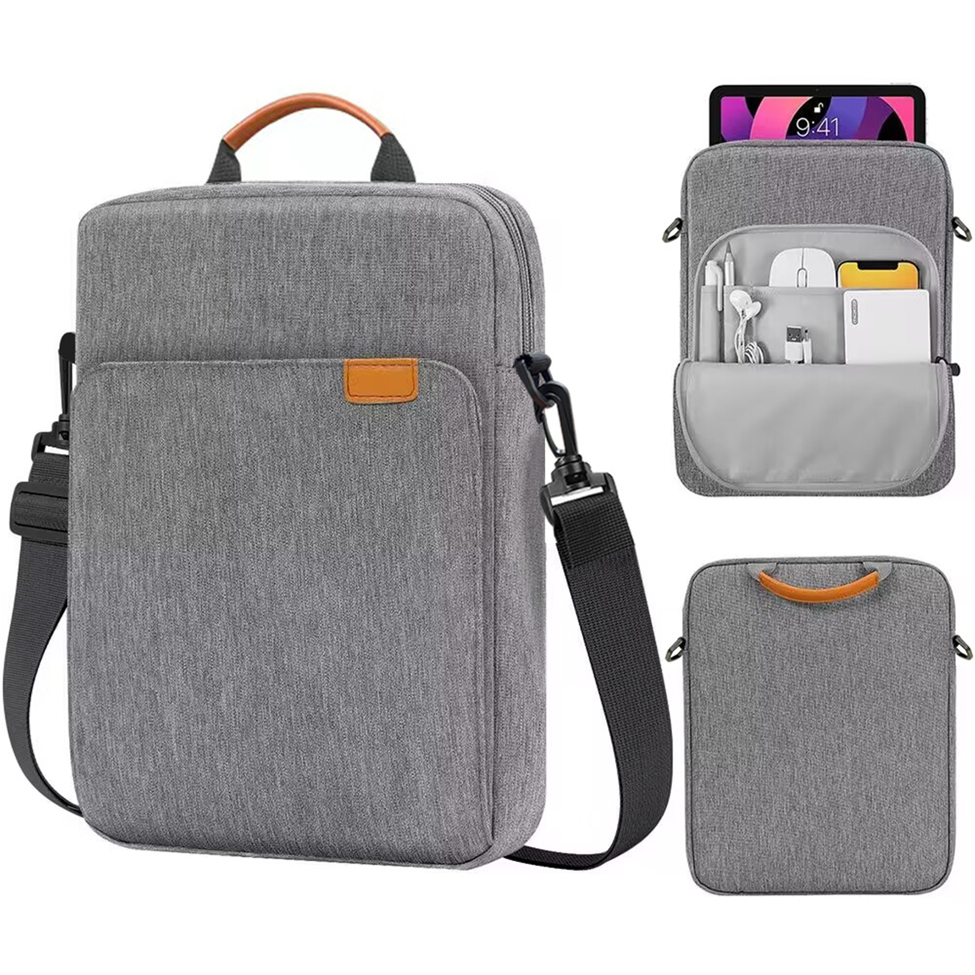 Graue Laptoptasche mit mehreren Fächern. Griff und Schultergurt. Weißer Hintergrund.