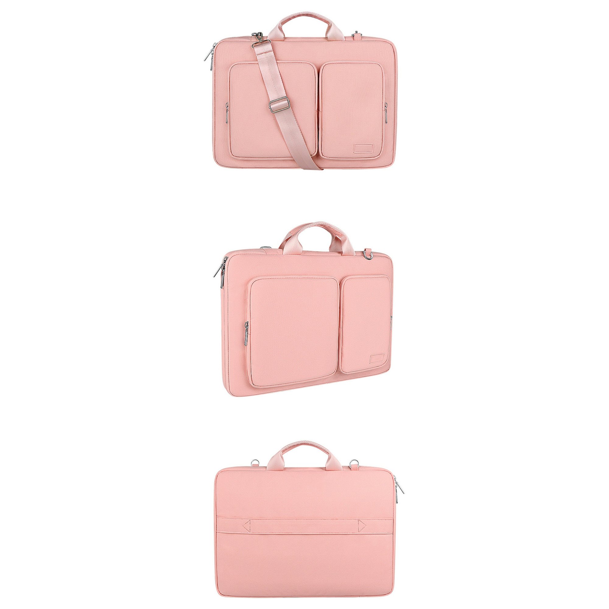 Drei rosa Laptoptaschen, jede mit Griff und Taschen. Eine hat einen Schultergurt, alle auf weißem Hintergrund.
