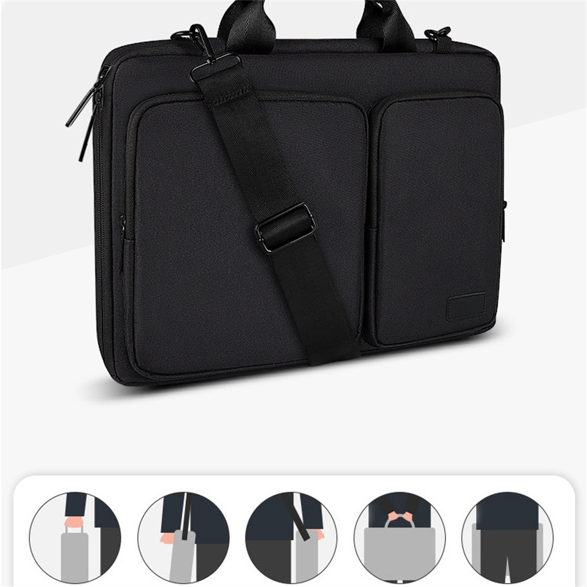 Eine schwarze Laptoptasche mit mehreren Taschen und einem Schultergurt. Mehrere Tragevarianten.