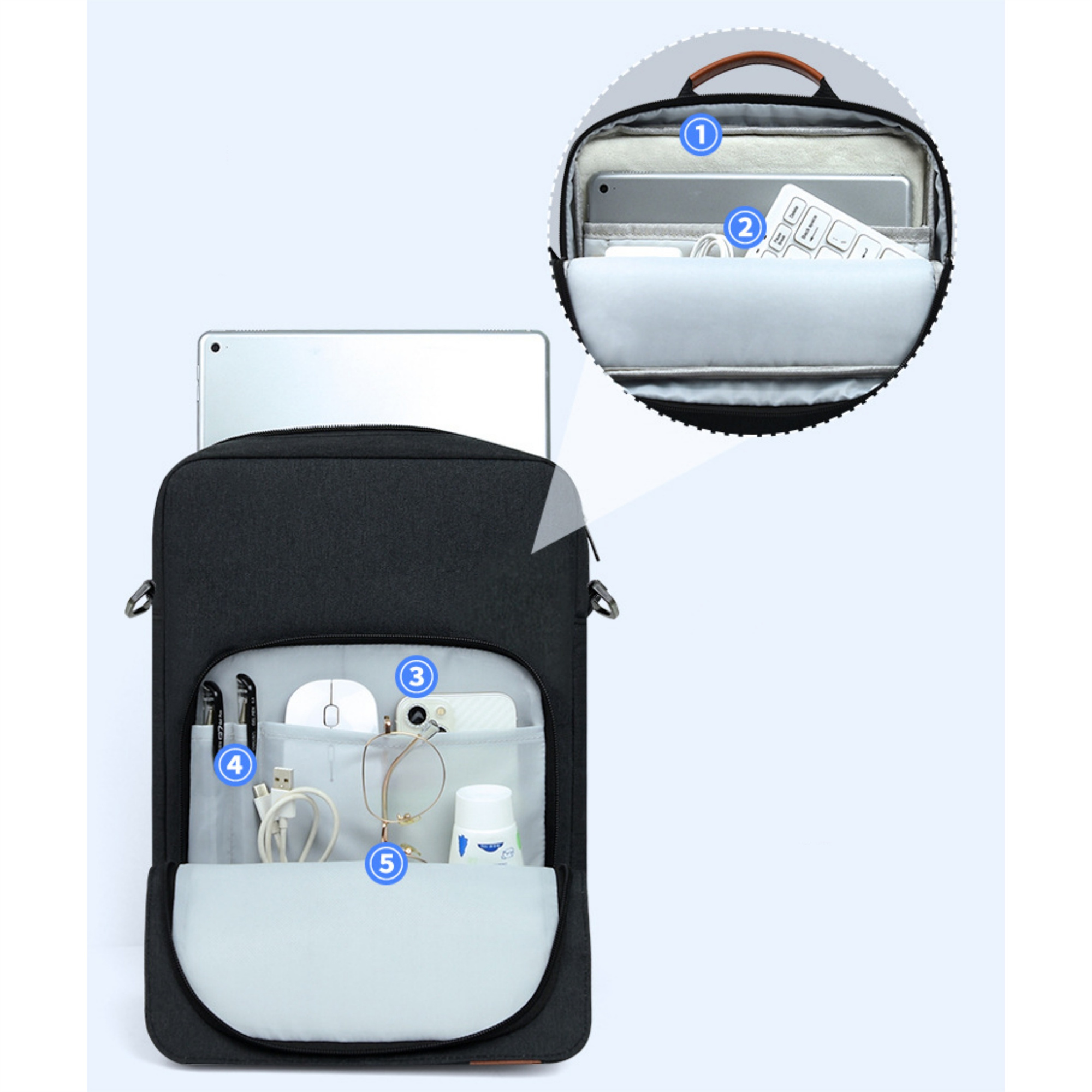 Rucksack mit Fächern und Gegenständen: Stift, Maus, Brille, Ladegerät, Tablet.