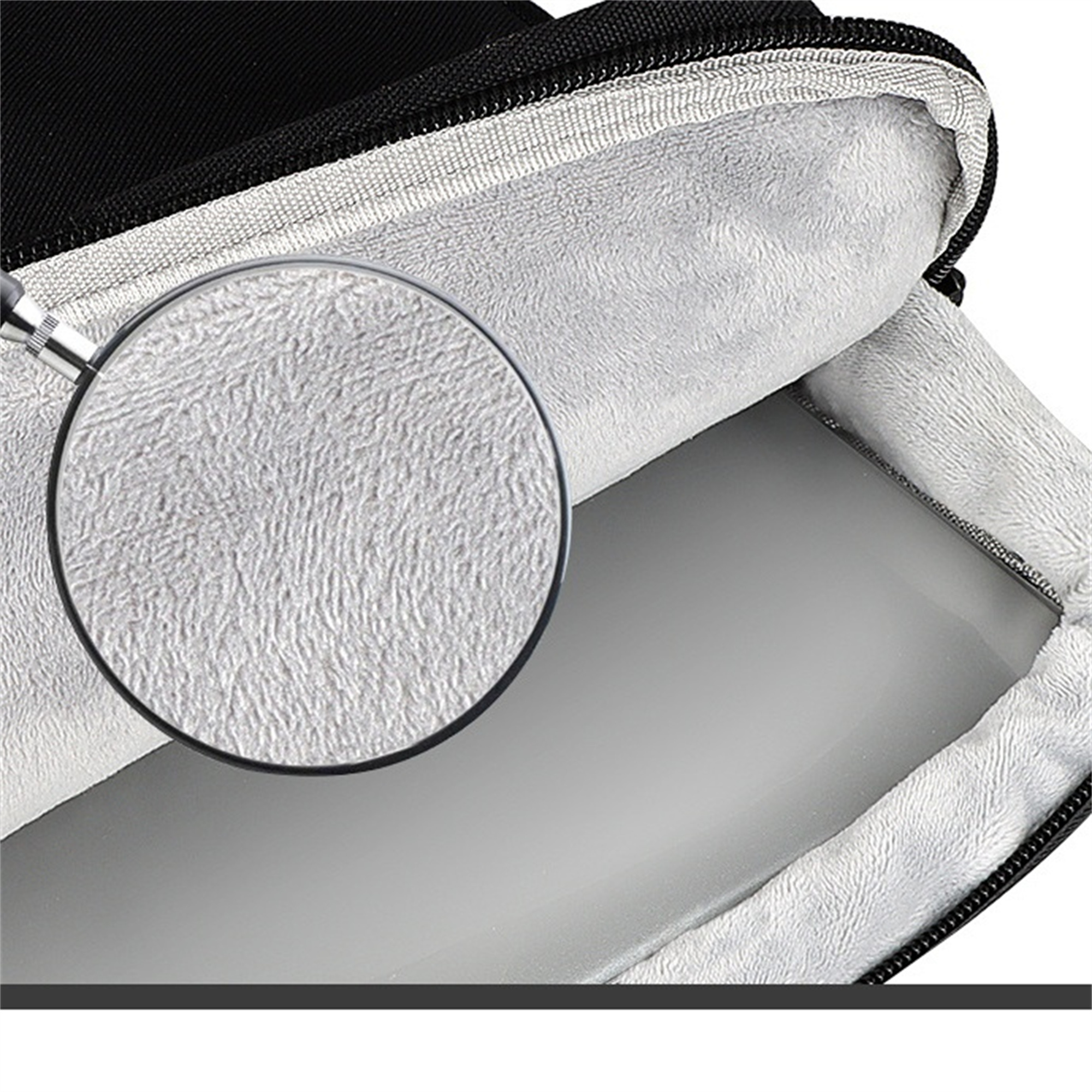 Laptoptasche mit Lupe, die das Innenmaterial zeigt.