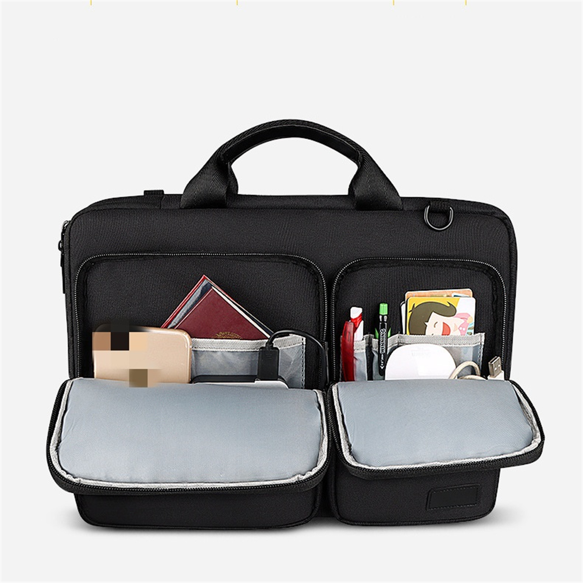 Geöffnete schwarze Tasche mit Fächern. Enthält Reisepass, Karten, Stifte, Ladegerät und andere Gegenstände. Graues Innenfutter.