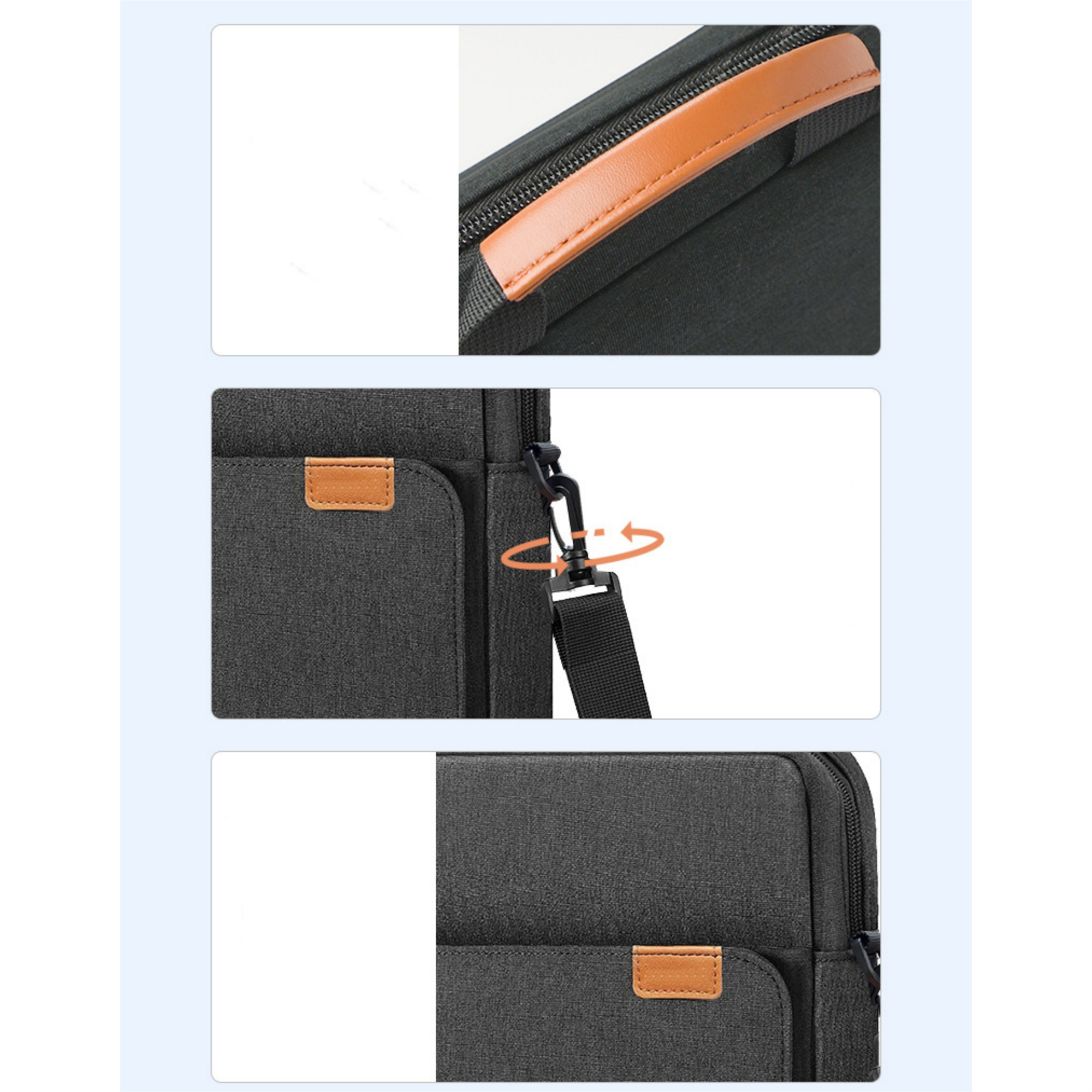 Laptoptasche mit braunem Griff und schwarzem Riemen. Mehrere Abschnitte sind sichtbar.