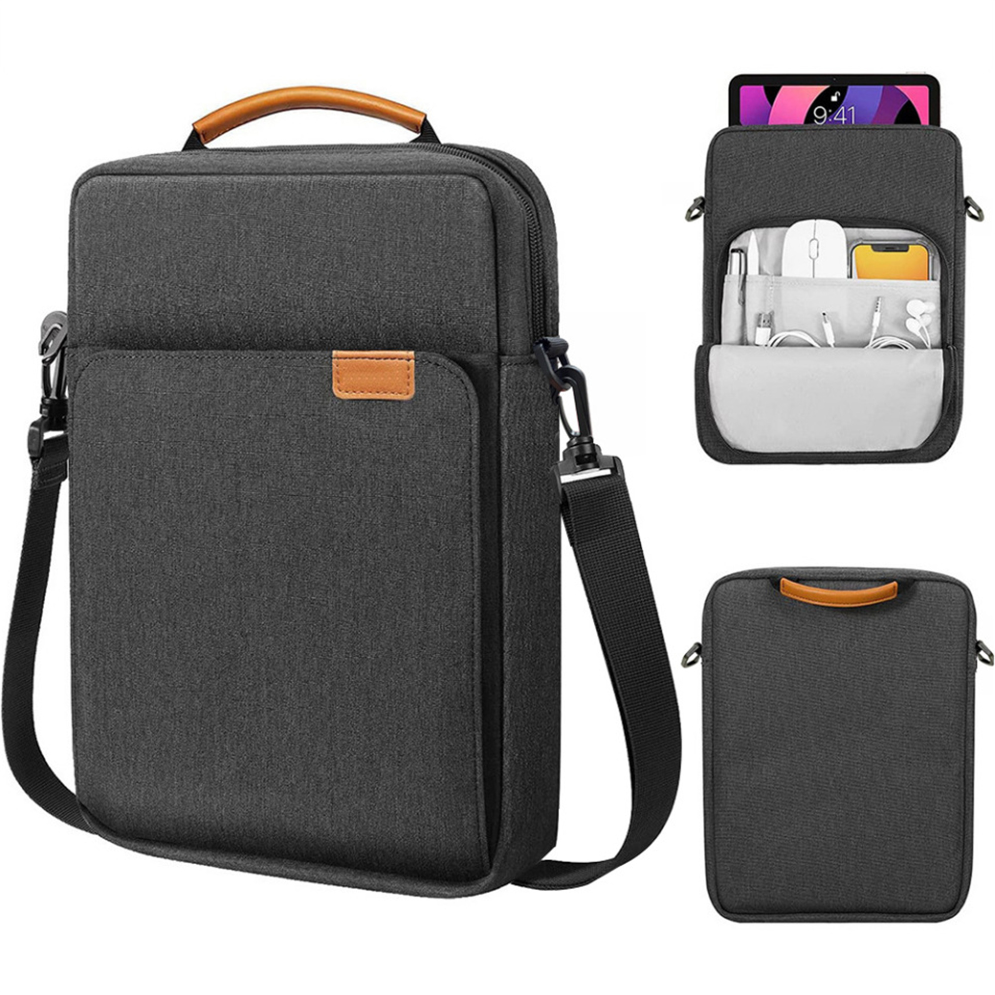Graue Laptoptasche mit Griff und Schultergurt, offene Taschen mit Gegenständen.