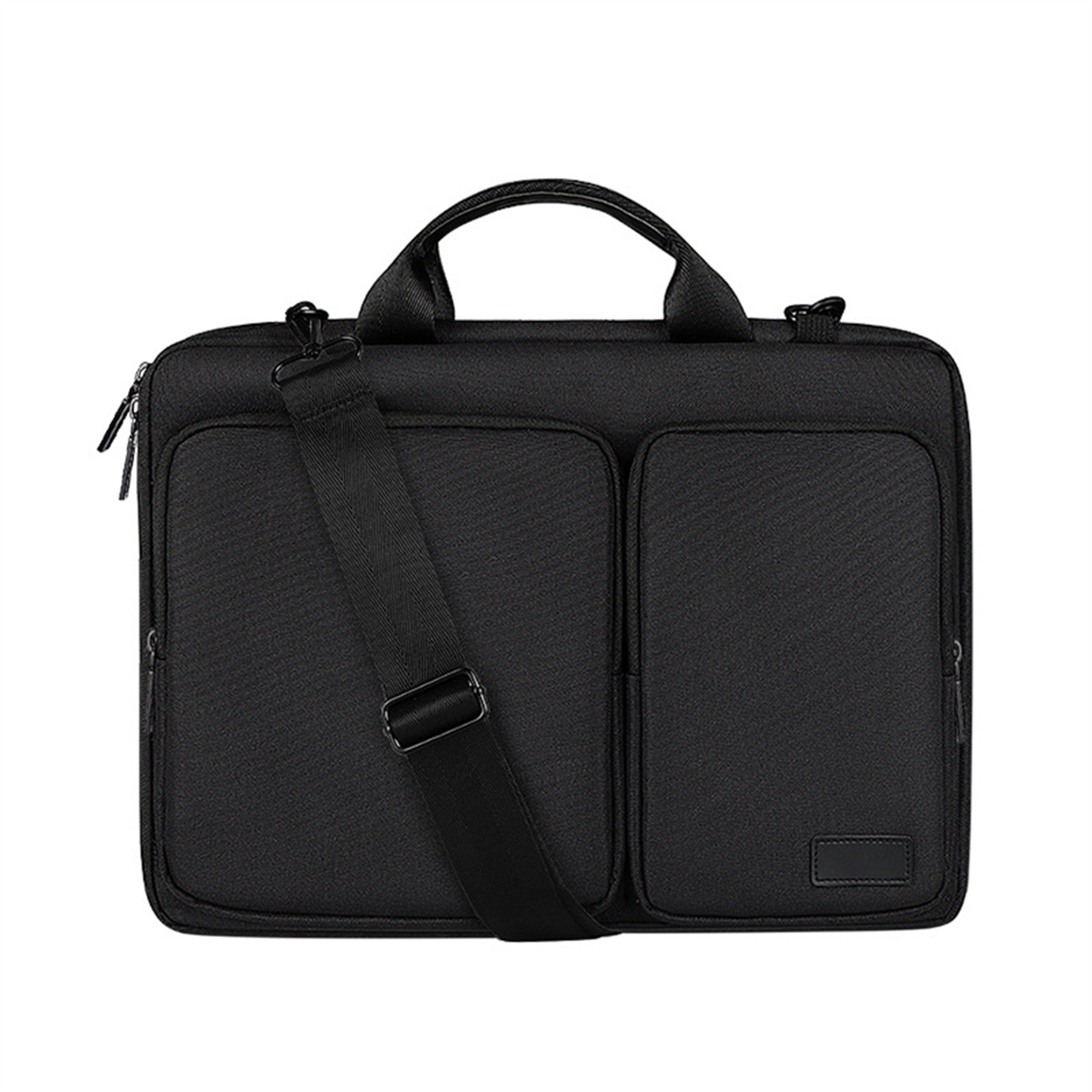 Schwarze Laptoptasche mit Griff und Schulterriemen sowie mehreren Taschen.
