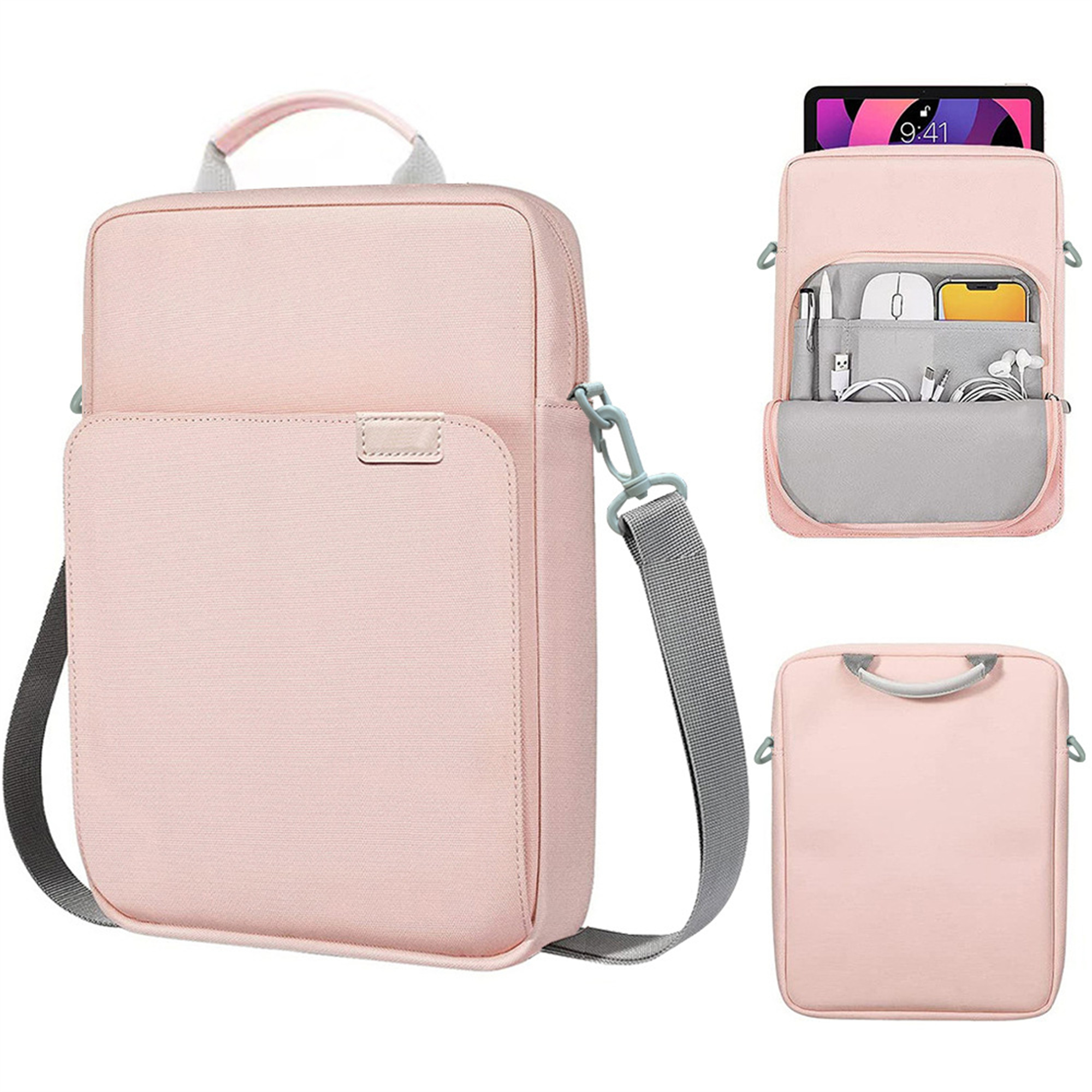 Rosa Laptoptasche mit mehreren Fächern. Griff und Schultergurt. Weißer Hintergrund.