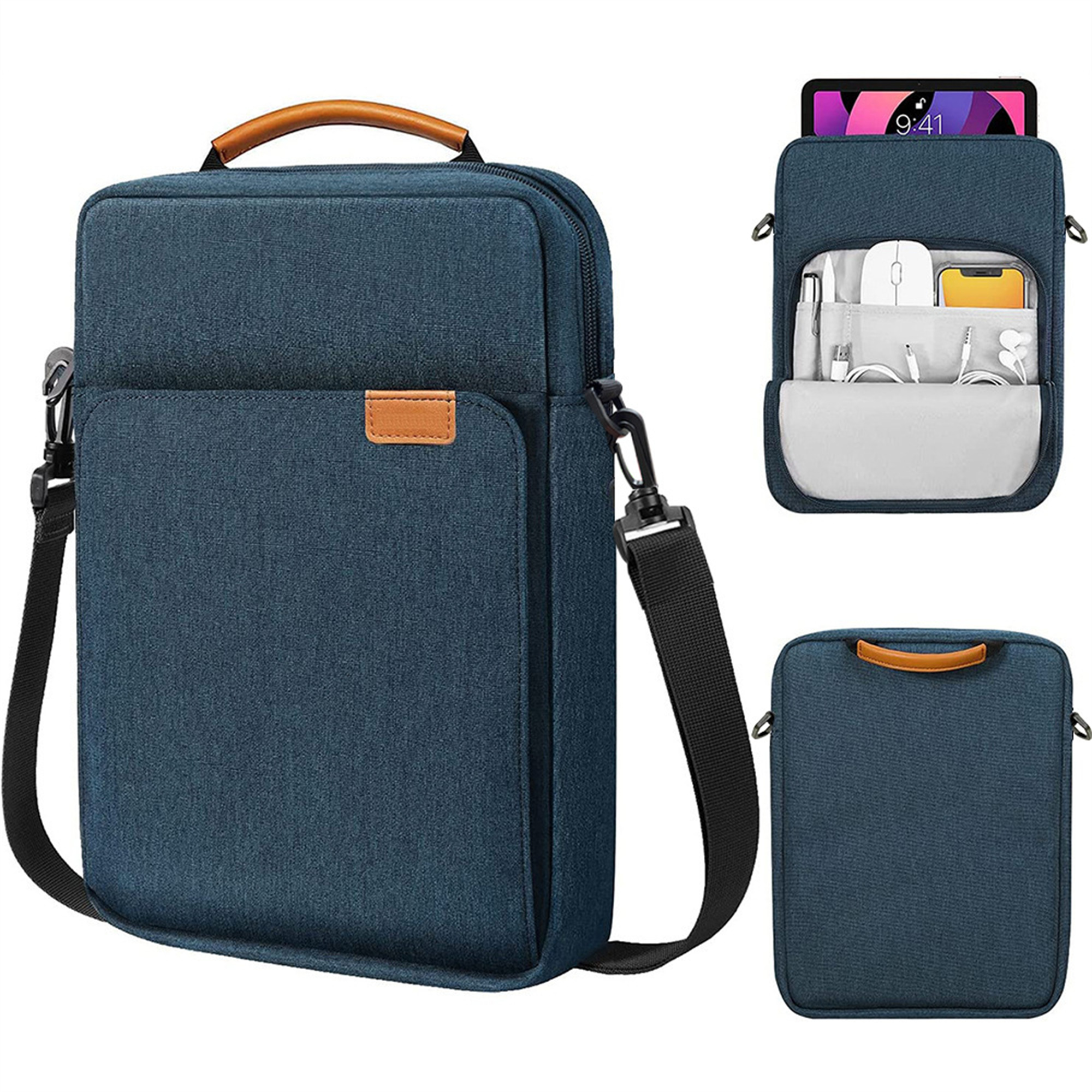Blaue Stoff-Tablettasche mit Griff, Riemen und mehreren Taschen. Braunes Etikett.