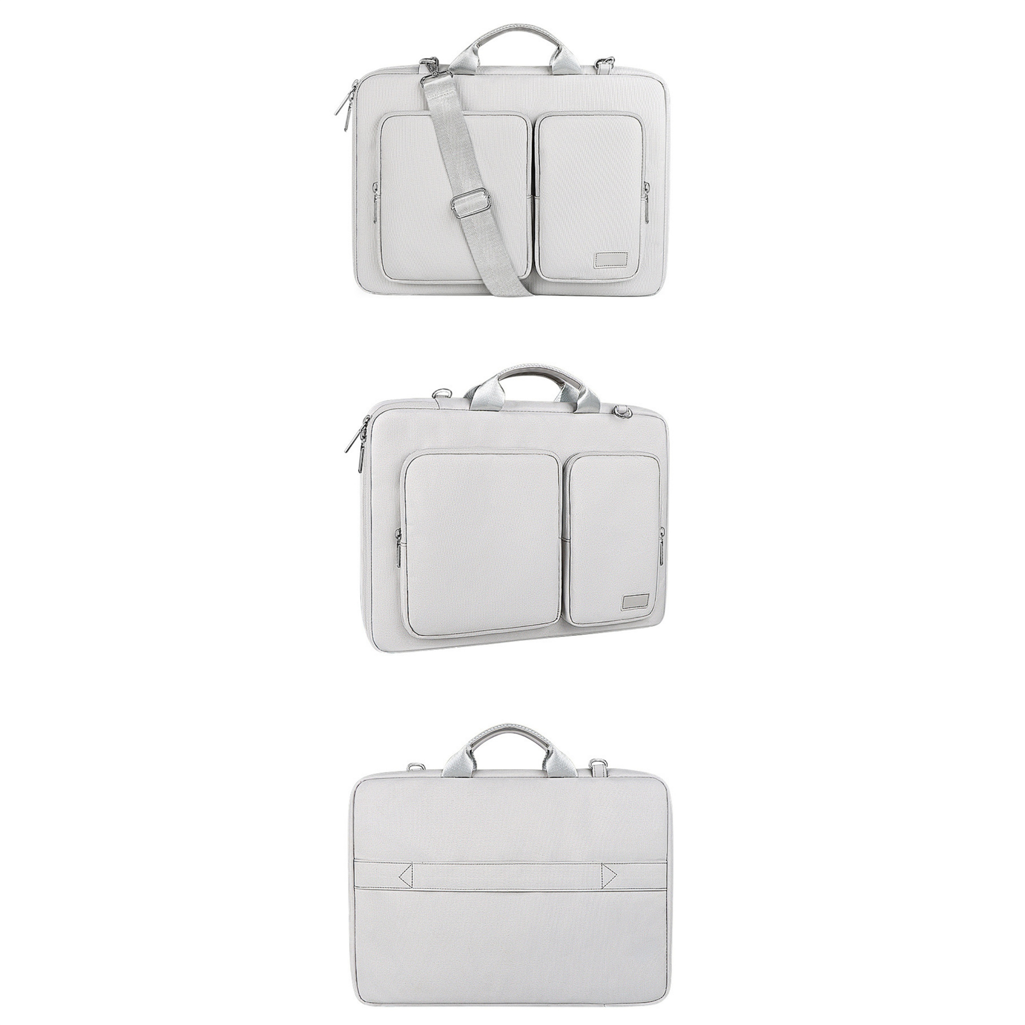 Drei graue Laptoptaschen. Die Taschen sind grau mit Griff und Schultergurt und haben Fronttaschen.