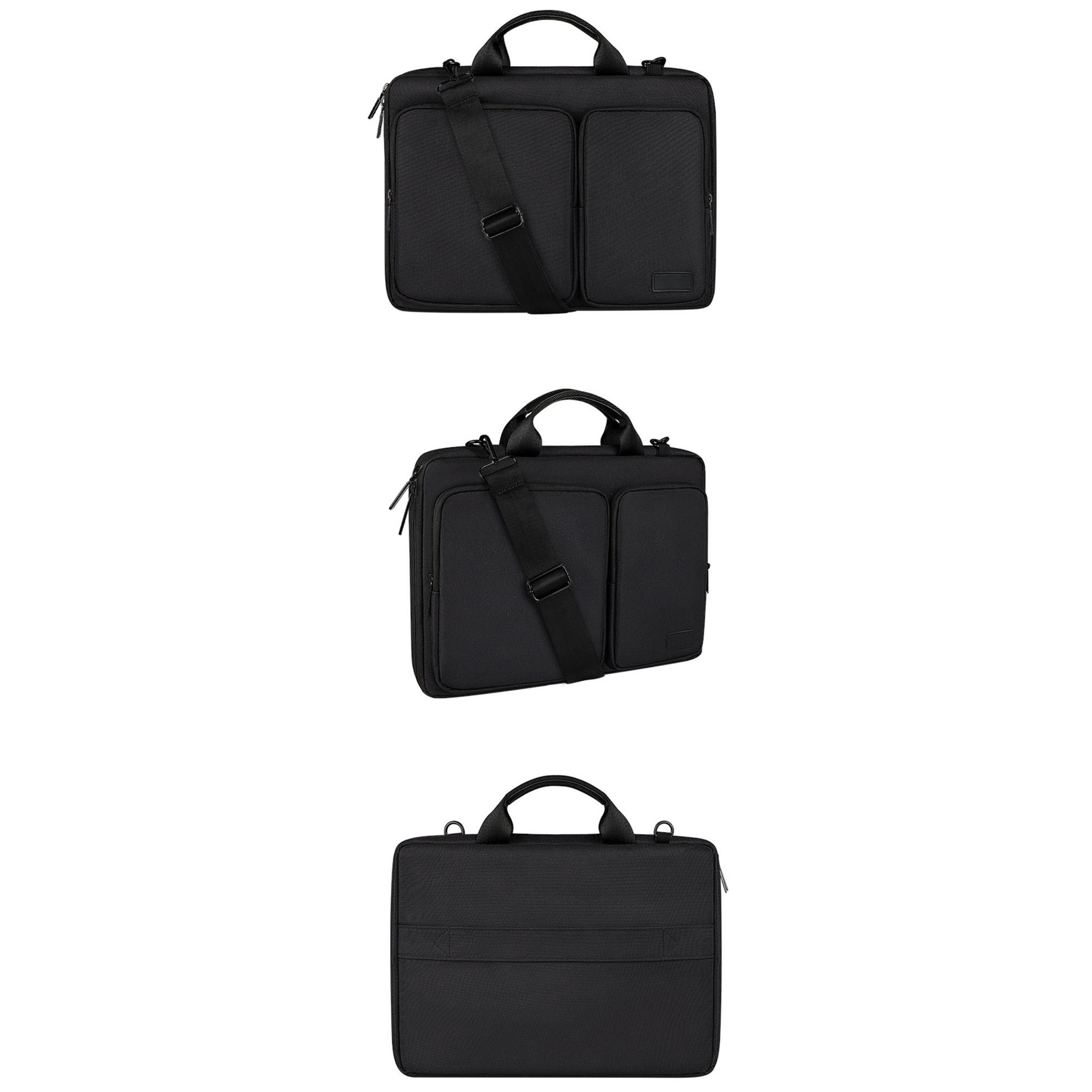 Schwarze Laptoptasche. Hat einen Griff und Schulterriemen. Zwei Hauptfächer und eine Vordertasche.