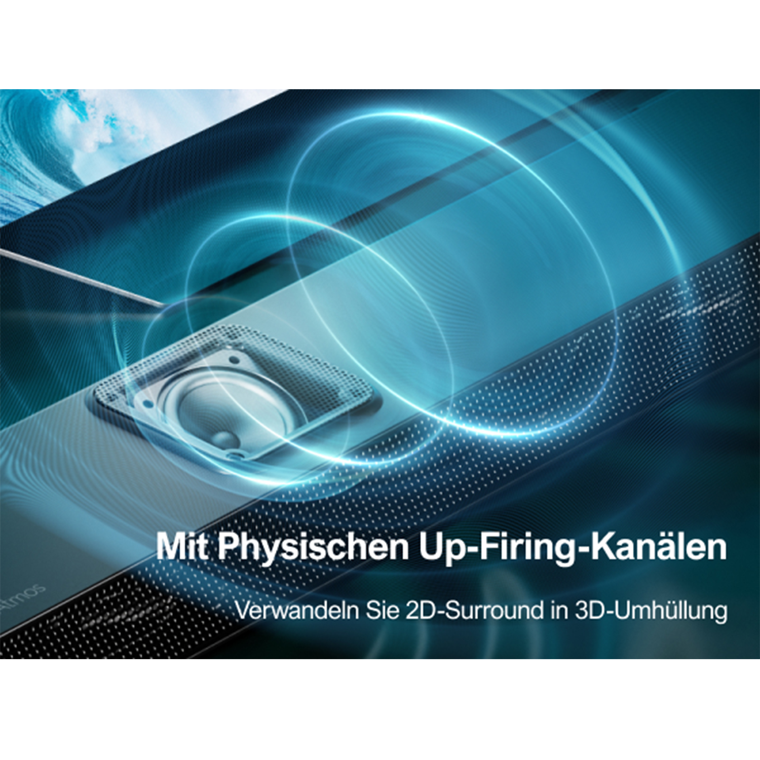 Eine Soundbar mit Lautsprecher und Text, der das Produkt mit blauen Schallwellen beschreibt.