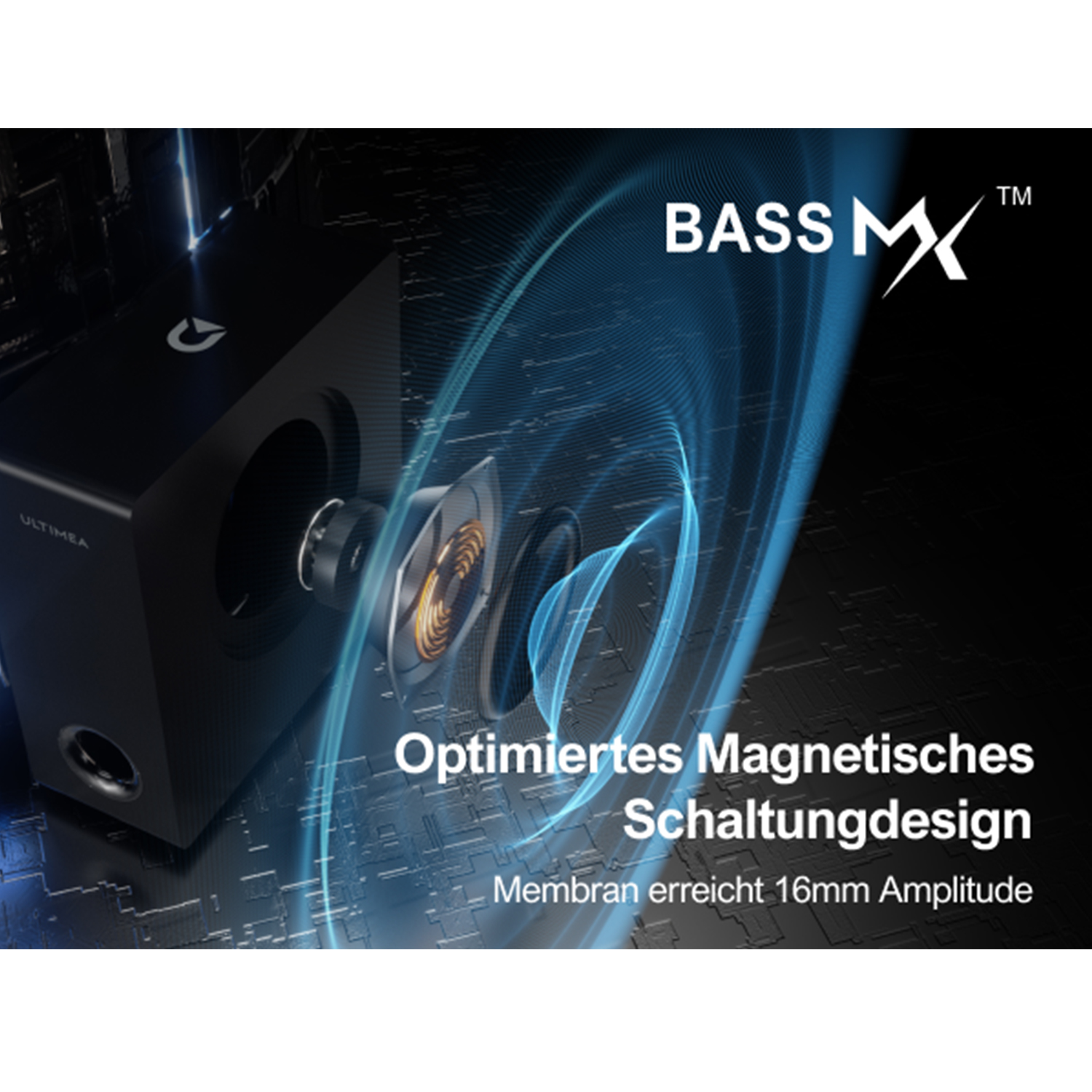 Schwarzer Lautsprecher mit Text über optimiertes magnetisches Schaltungsdesign und Membranamplitude.