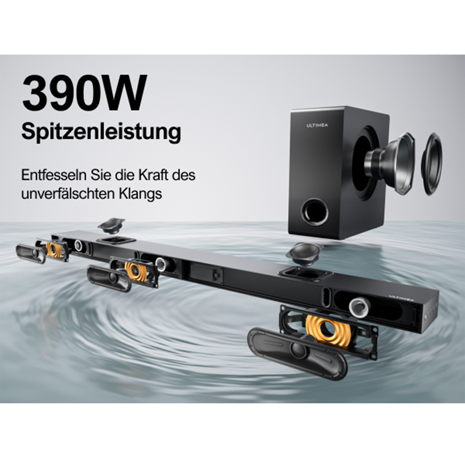 Eine schwarze Soundbar mit Subwoofer und Explosionsansicht der Komponenten. Es hat 390W Leistung.