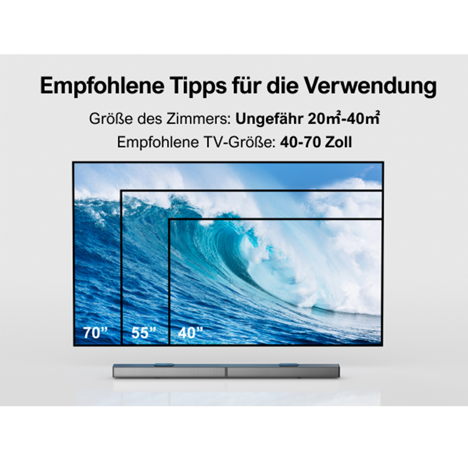 Ein Fernseher mit Soundbar, mit Empfehlungen für Raum- und Fernsehgrößen in Deutsch.