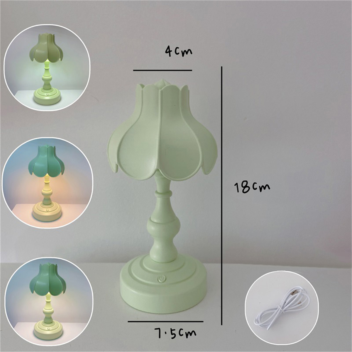 Grüne Tischlampe. Drei Bilder zeigen unterschiedliche Lichteinstellungen. Die Lampe hat einen wellenförmigen Schirm.