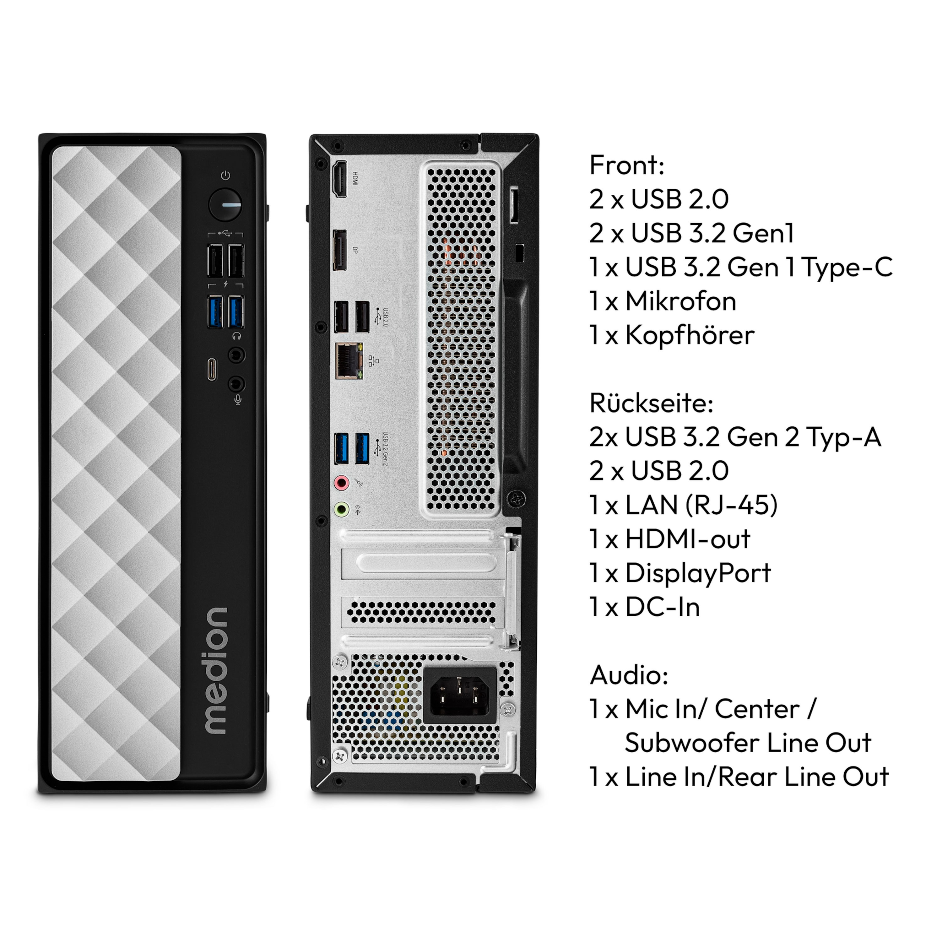 Widok z przodu i z tyłu czarno-srebrnego komputera, ze szczegółami portów i etykietą marki Medion.
