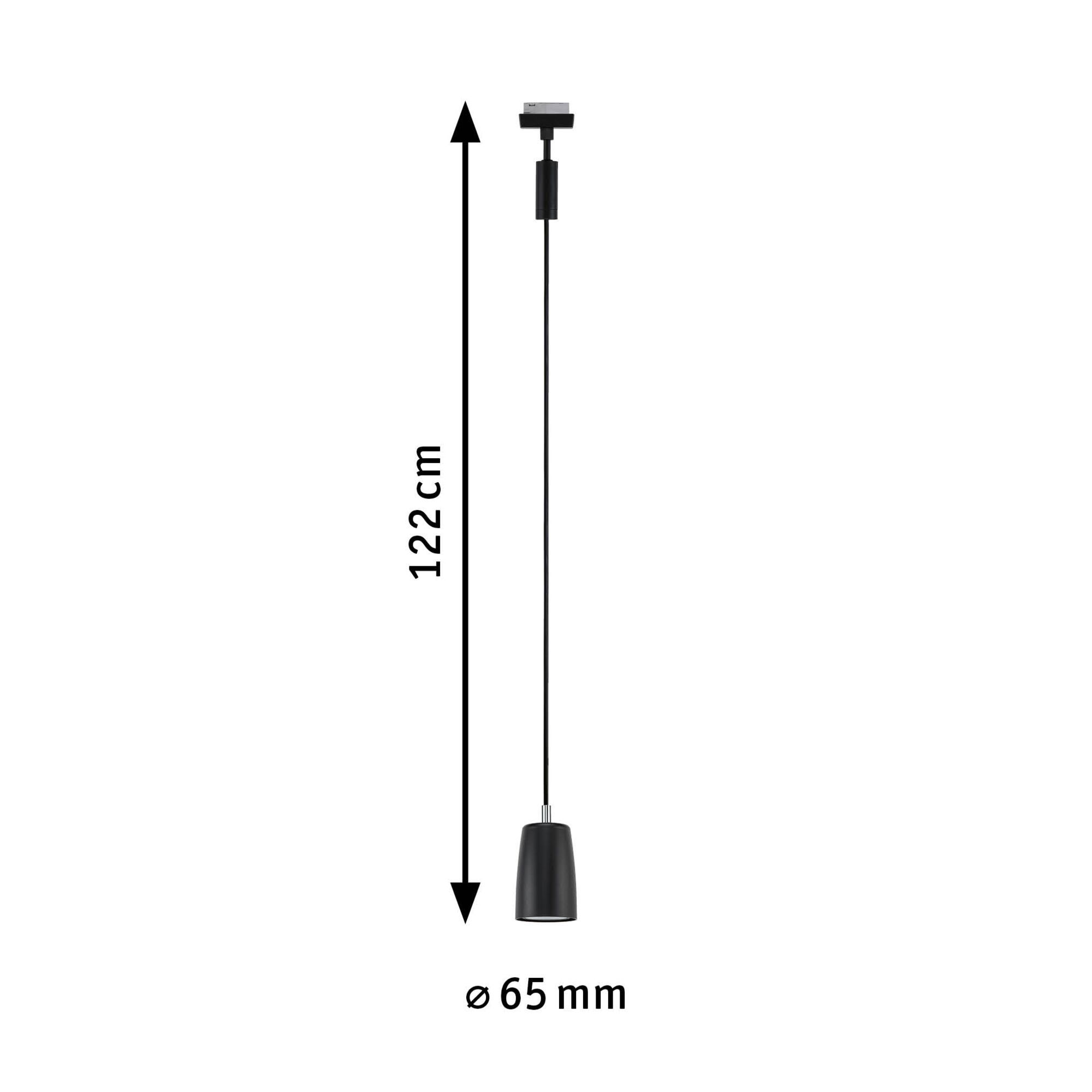 Eine schwarze Pendelleuchte mit schwarzem Kabel und einer Abmessung von 122 cm.