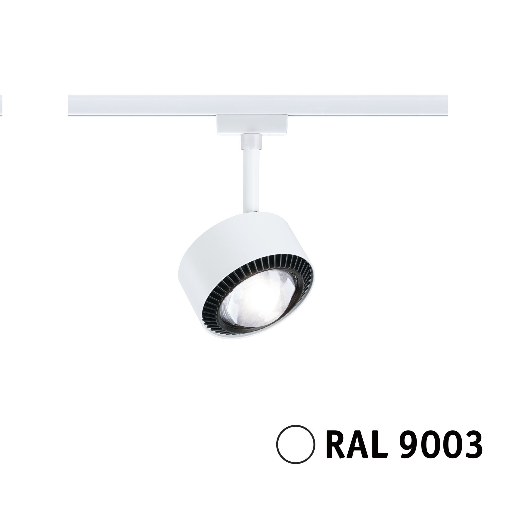 Weißer Strahler auf einer weißen Schiene. Text am unteren Rand: 'RAL 9003'.