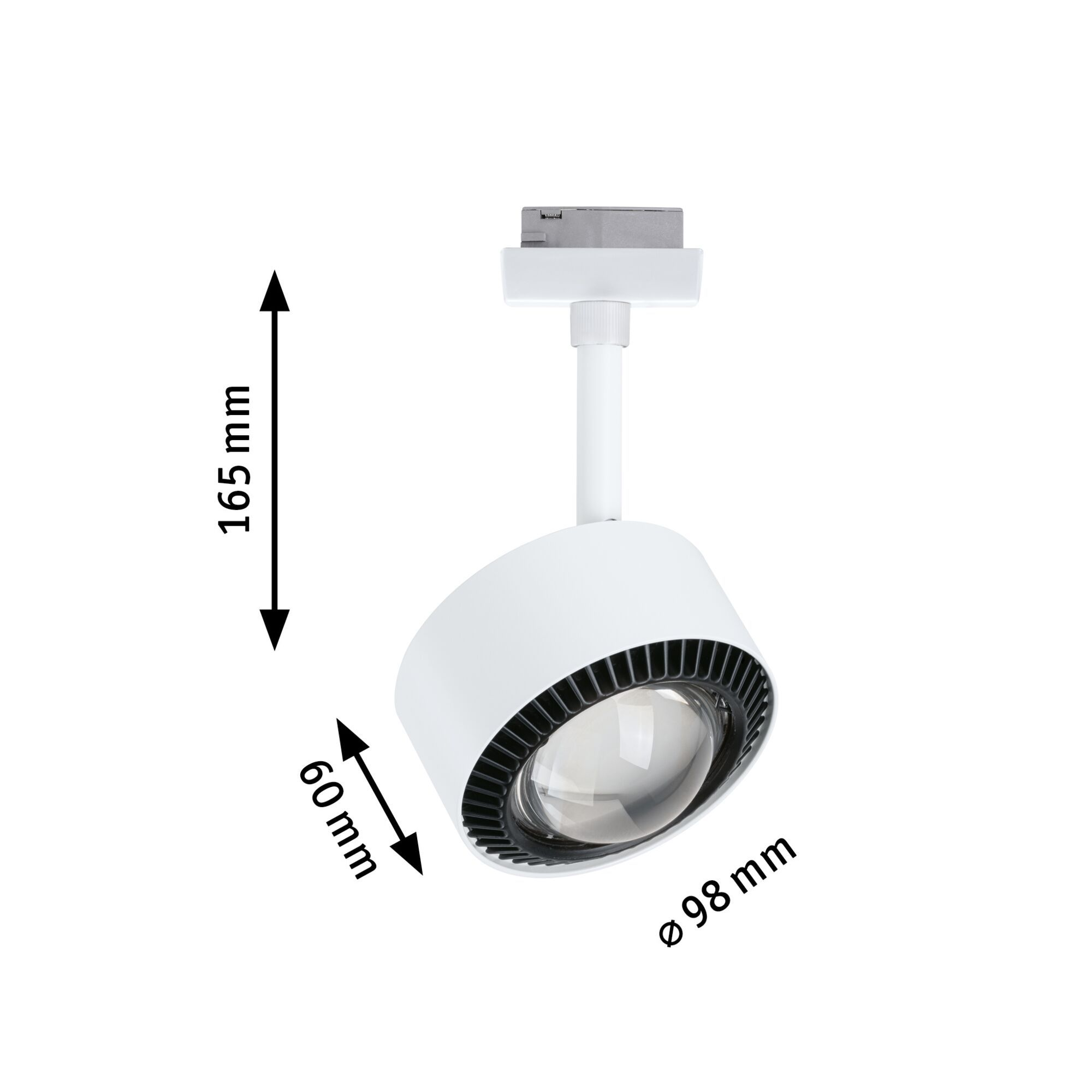 Weißer Strahler mit Maßangaben. Inklusive 60mm, 98mm und 165mm Maßen.
