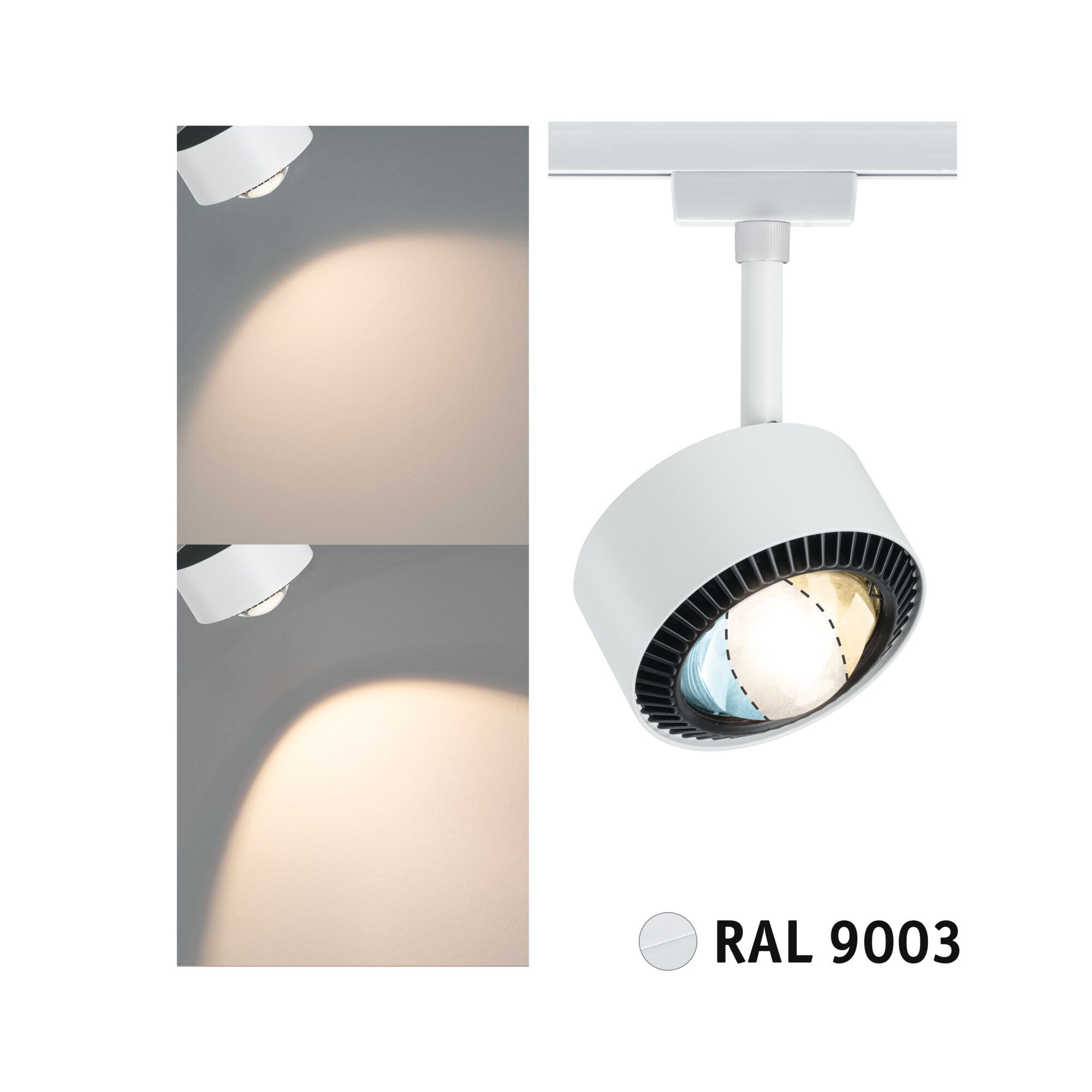 Ein weißer Strahler mit schwarzem Ring und Lichtstrahl auf weißem Grund.