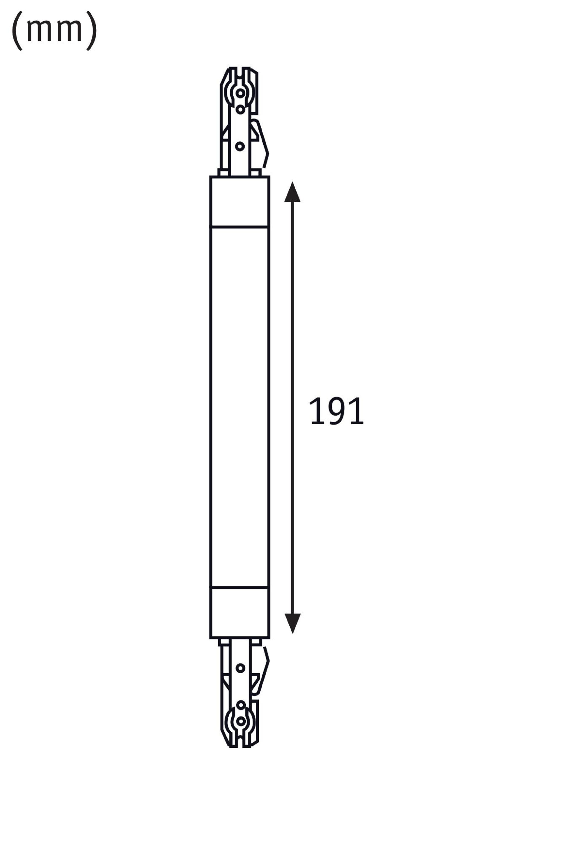 Strichzeichnung eines langen, schmalen Objekts mit Pfeilen, die eine Länge von 191 mm anzeigen.