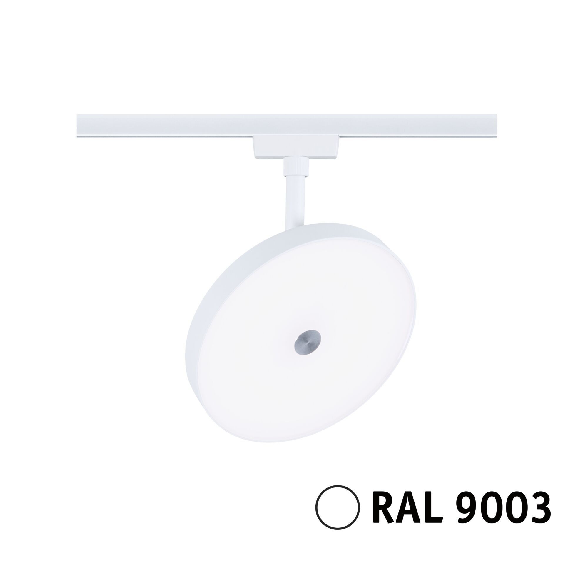 Weiße Schienenbeleuchtung mit rundem Licht, gekennzeichnet mit RAL 9003.