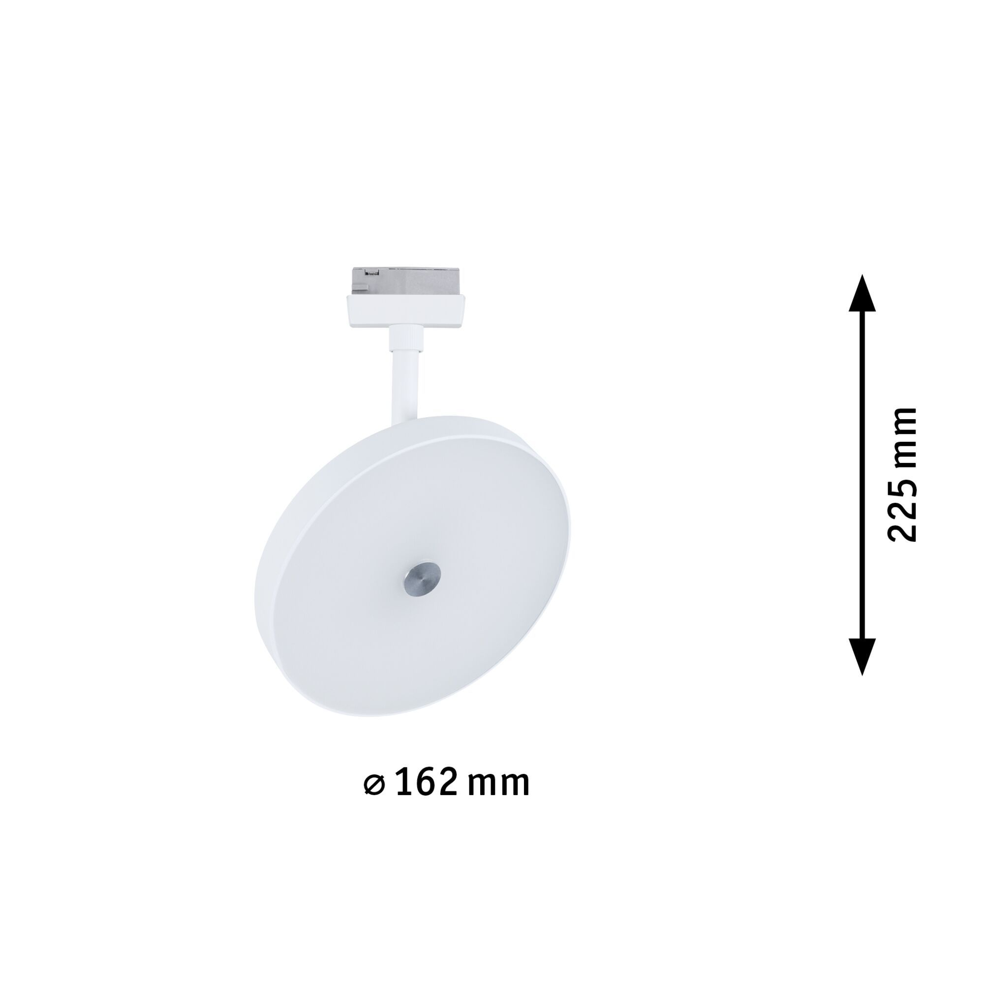 Eine weiße runde Lampe mit einem Stab und einem Maß in mm. Die Lampe ist weiß.
