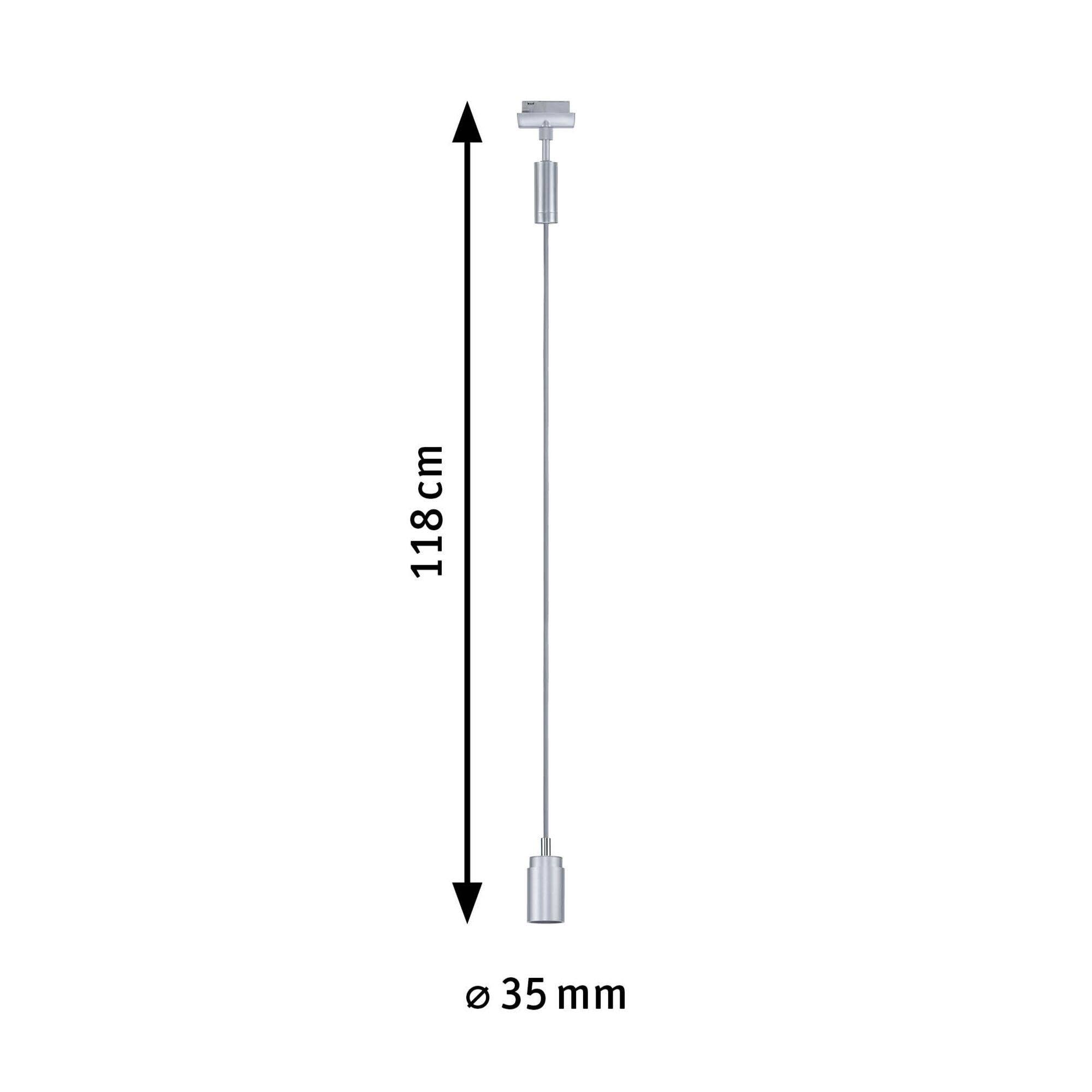 Eine silberne Pendelleuchte mit dünnem Kabel, die Länge beträgt 118 cm, der Durchmesser 35 mm.