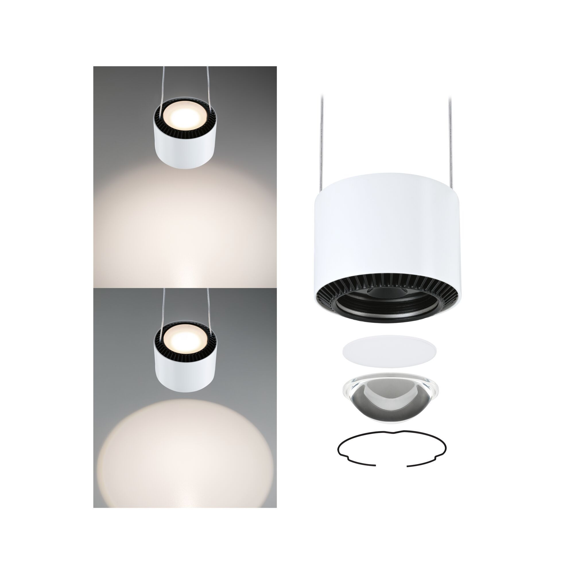 Drei Bilder einer weißen, kreisförmigen Deckenleuchte und eine zerlegte Ansicht der Lichtkomponenten.