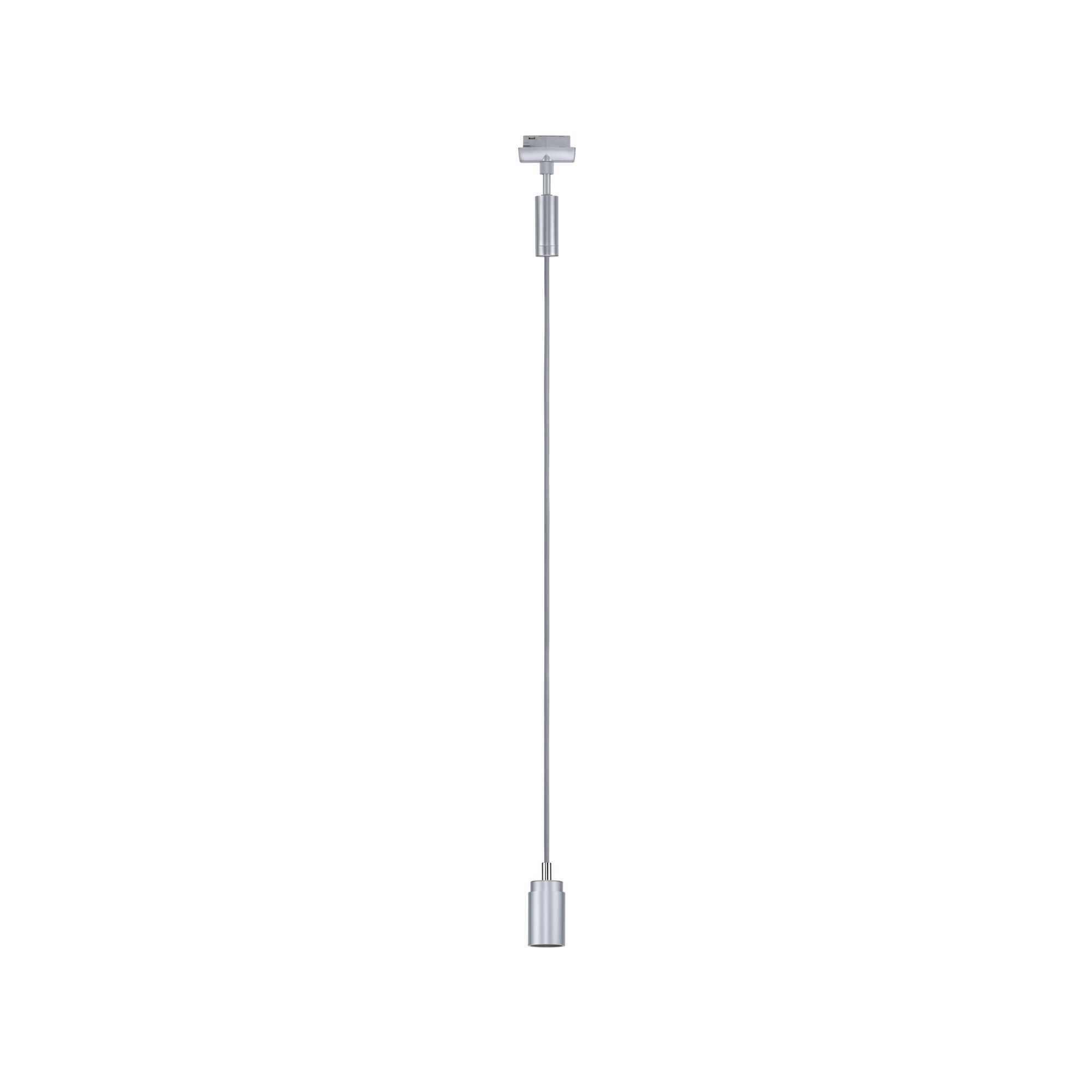 Eine silberne Pendelleuchte mit einem langen, dünnen Kabel, vor weißem Hintergrund hängend.