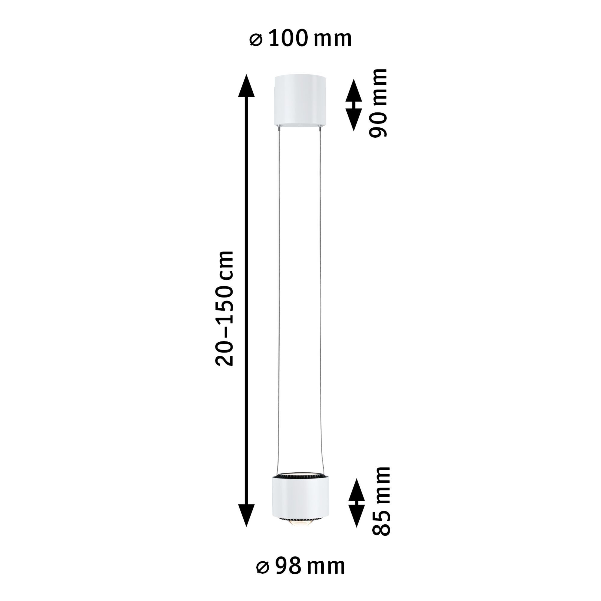 Diagramm einer Röhrenleuchte mit Abmessungen.