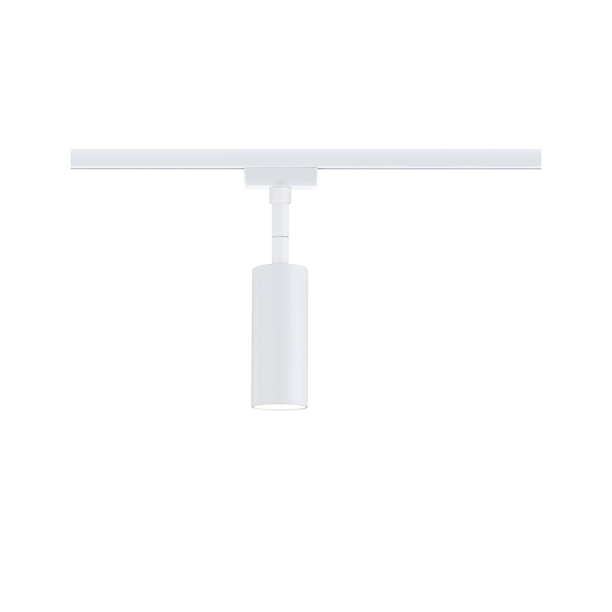 Biała oprawa oświetlenia szynowego z cylindryczną głowicą, na białym tle.
