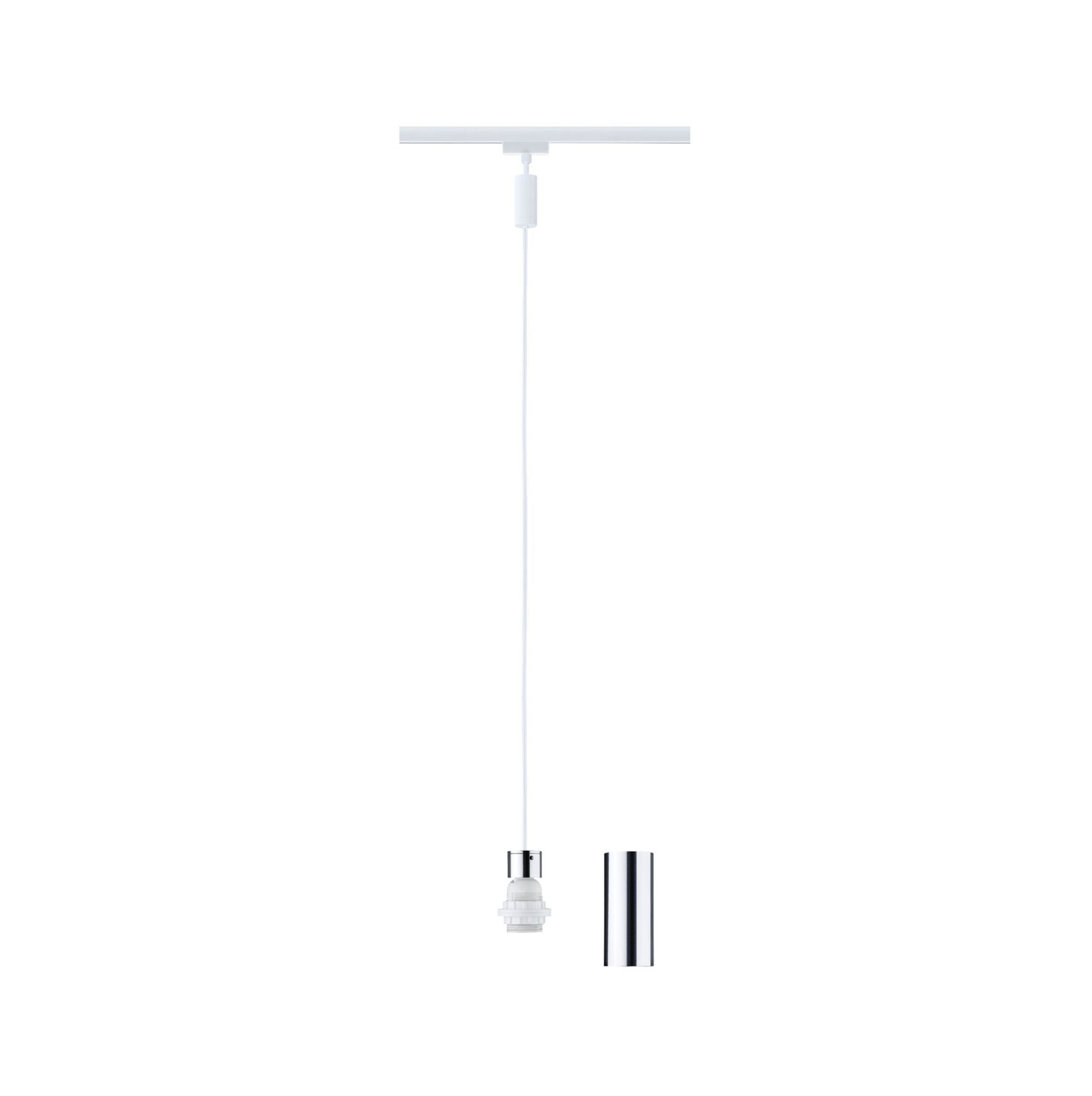 Eine weiße Pendelleuchte, die mit einem weißen Kabel von der Decke hängt.