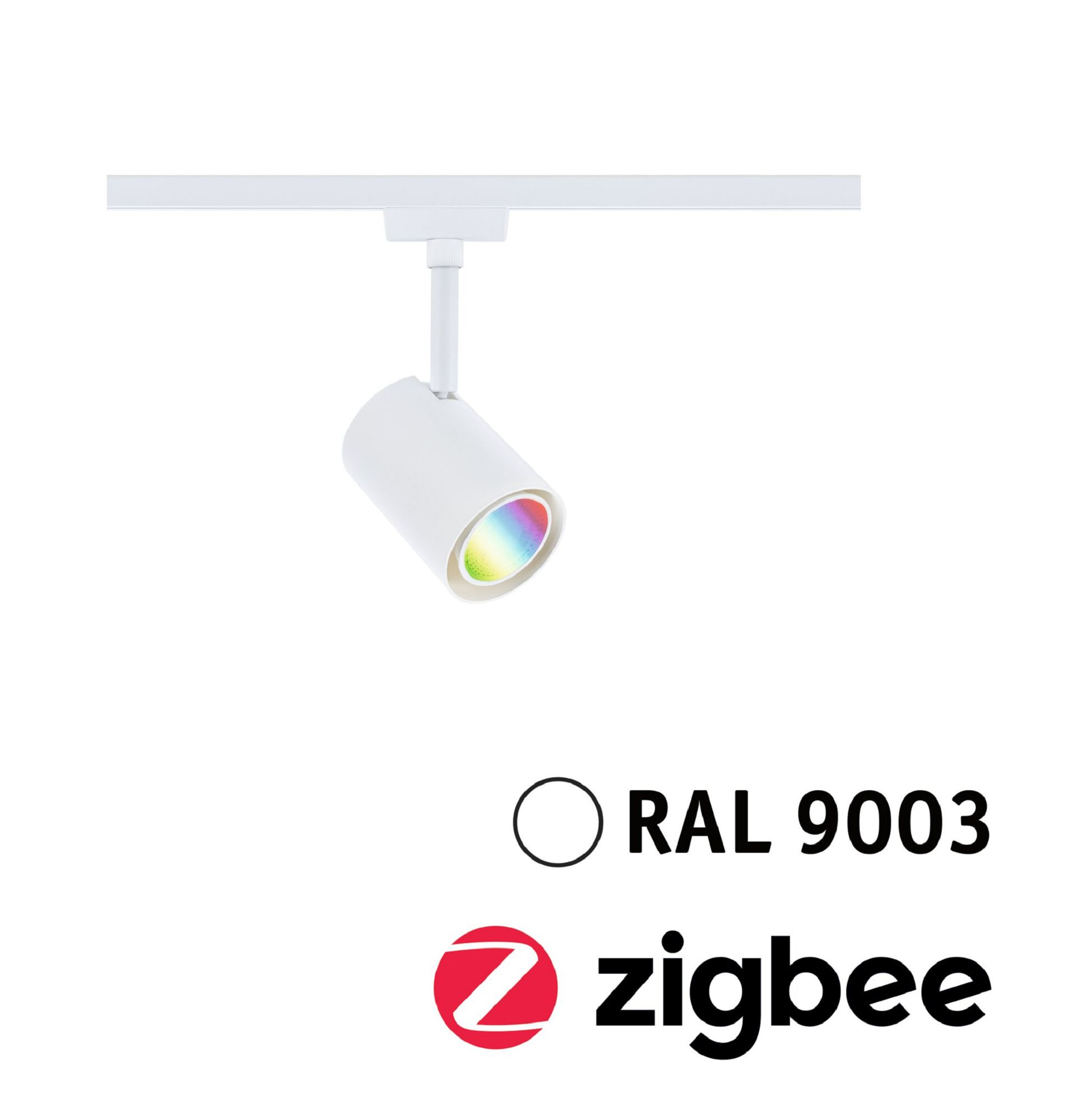 Ein weißer Schienenstrahler mit farbigem Licht und einem Zigbee-Logo darunter.