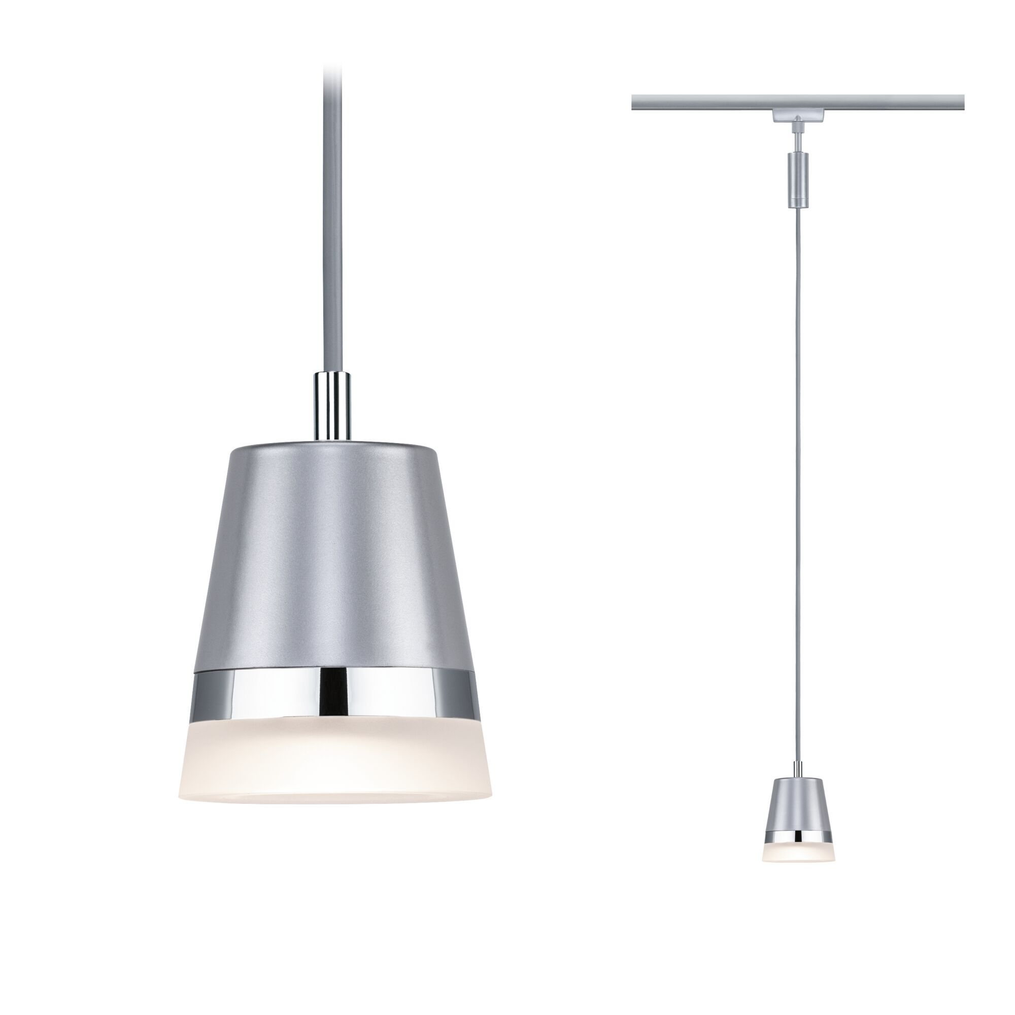 Srebrna lampa wisząca z kloszem w kształcie stożka i matowym dnem.
