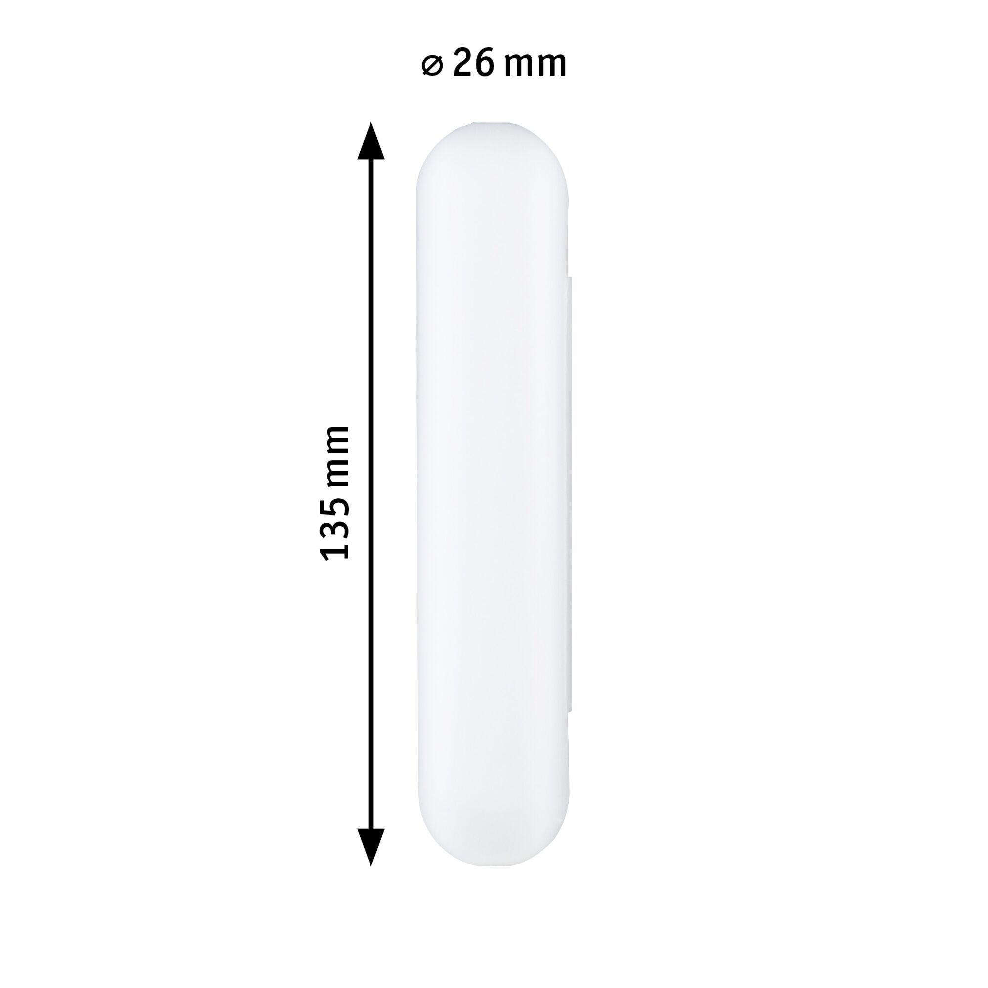 Weißes zylindrisches Objekt mit Maßangaben. Pfeil zeigt auf 26 mm Breite und 135 mm Länge.