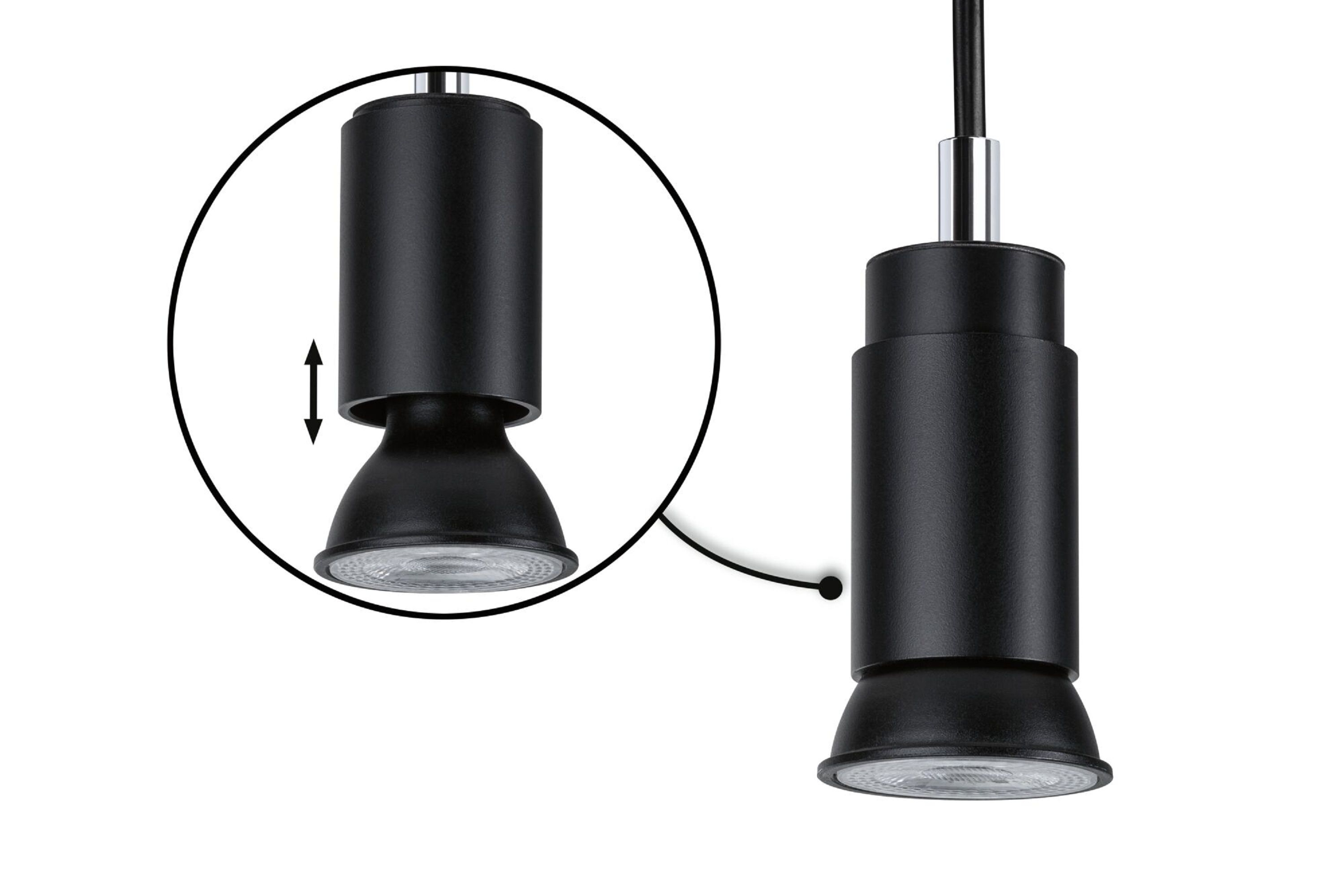 Schwarze Pendelleuchten mit Nahaufnahme der einstellbaren Lichtrichtung.