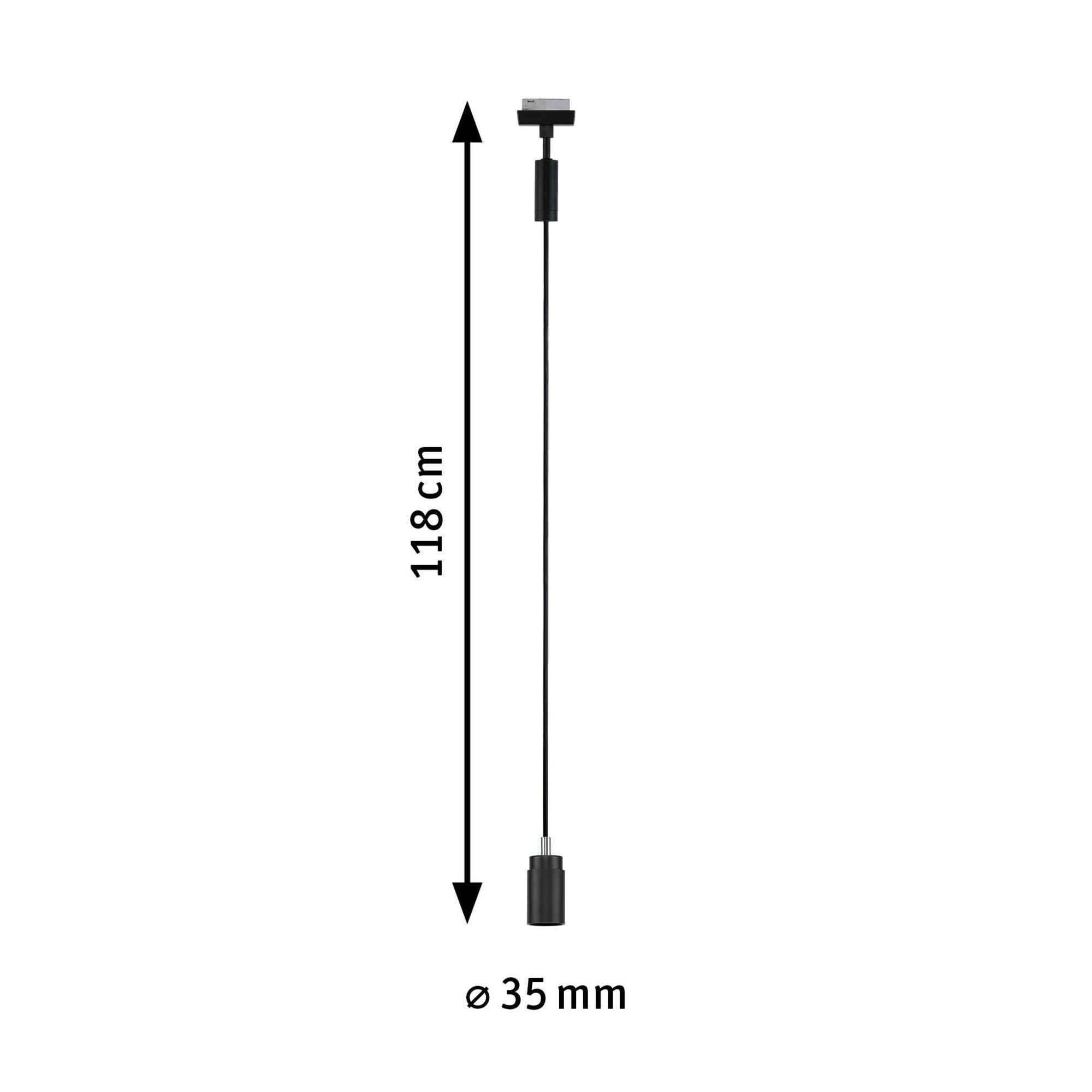 Eine schwarze Pendelleuchte mit Kabel, 118 cm lang, 35 mm Durchmesser.