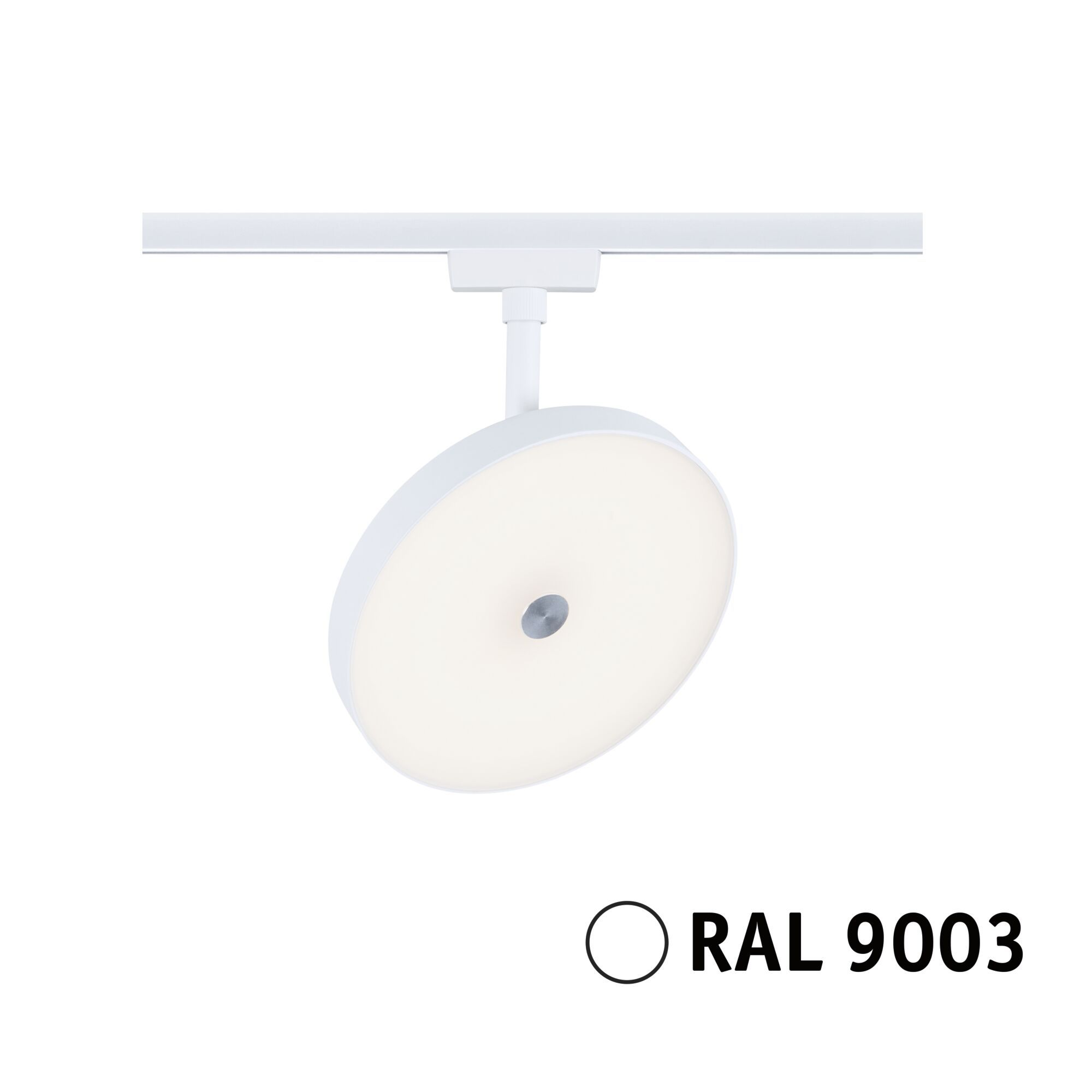Weißes, rundes LED-Licht auf einer weißen Schiene. Das Licht hat einen silbernen Mittelpunkt. RAL 9003.