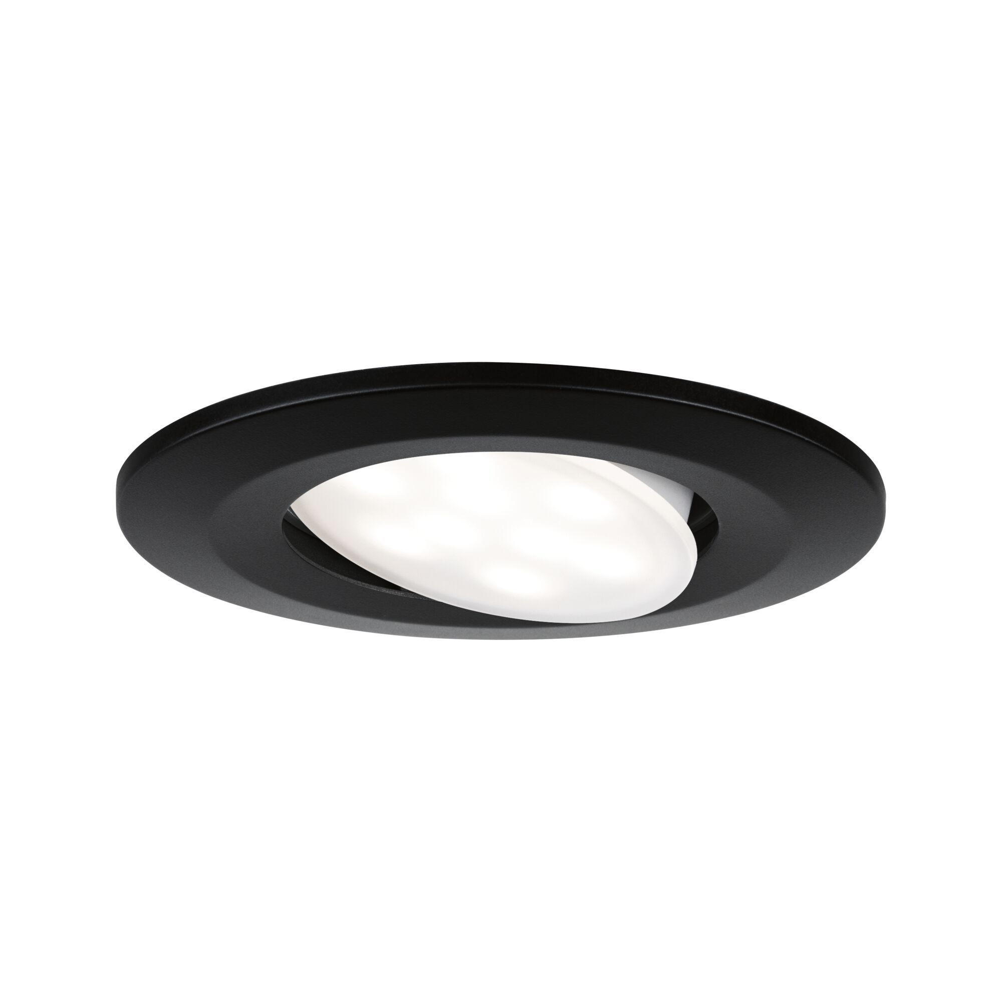 Eine schwarze Einbauleuchte mit einem weißen, oval geformten Licht in der Mitte.