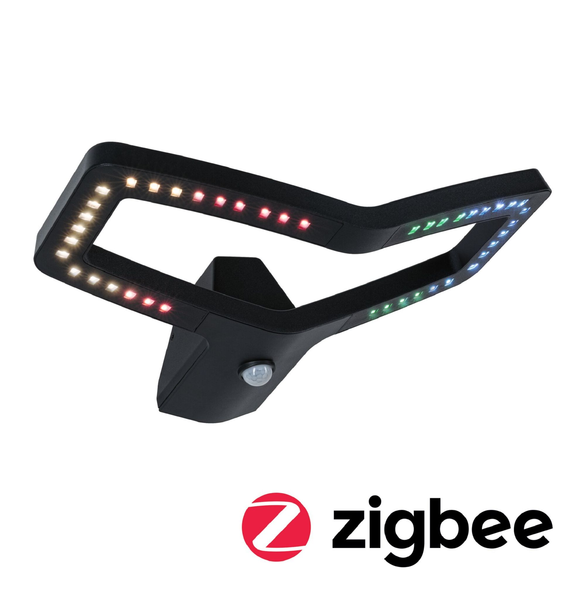 Czarna oprawa oświetleniowa, z wielokolorowymi diodami LED, logo Zigbee.