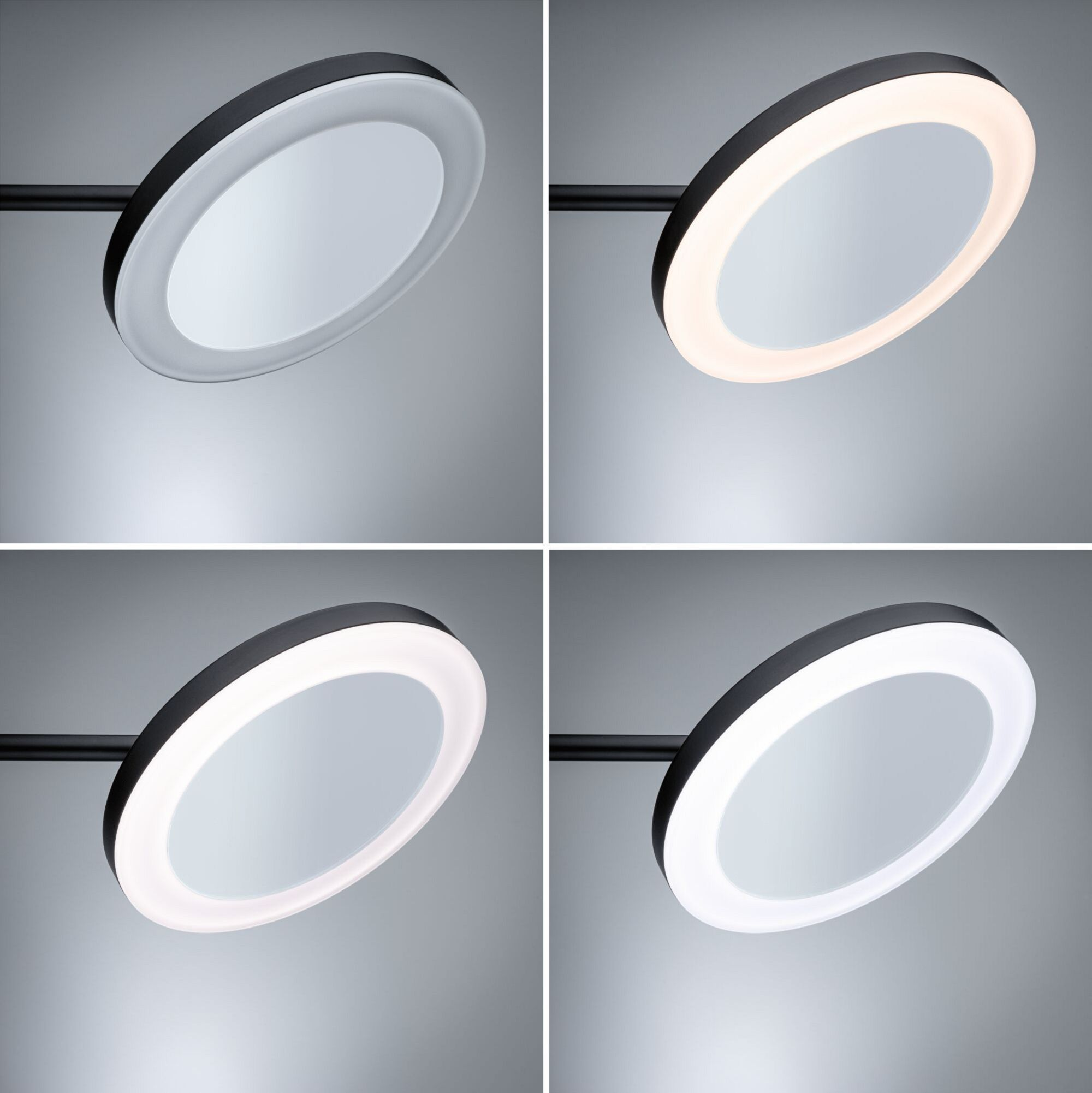 Vier Bilder, die ein rundes Licht mit verschiedenen Farbeinstellungen zeigen: weiß, warmweiß, etc.