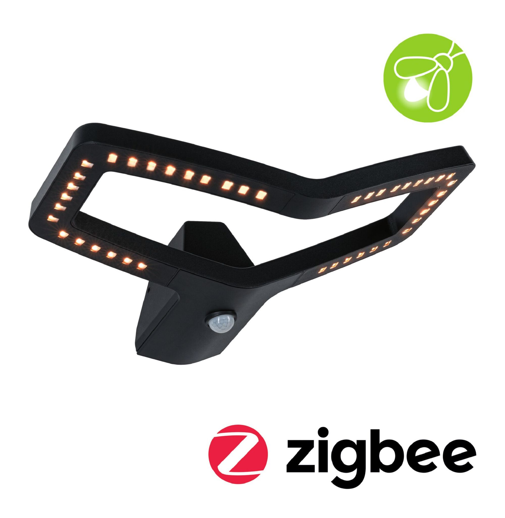 Czarna lampa zewnętrzna z czujnikiem i logo zigbee. Tło jest białe.