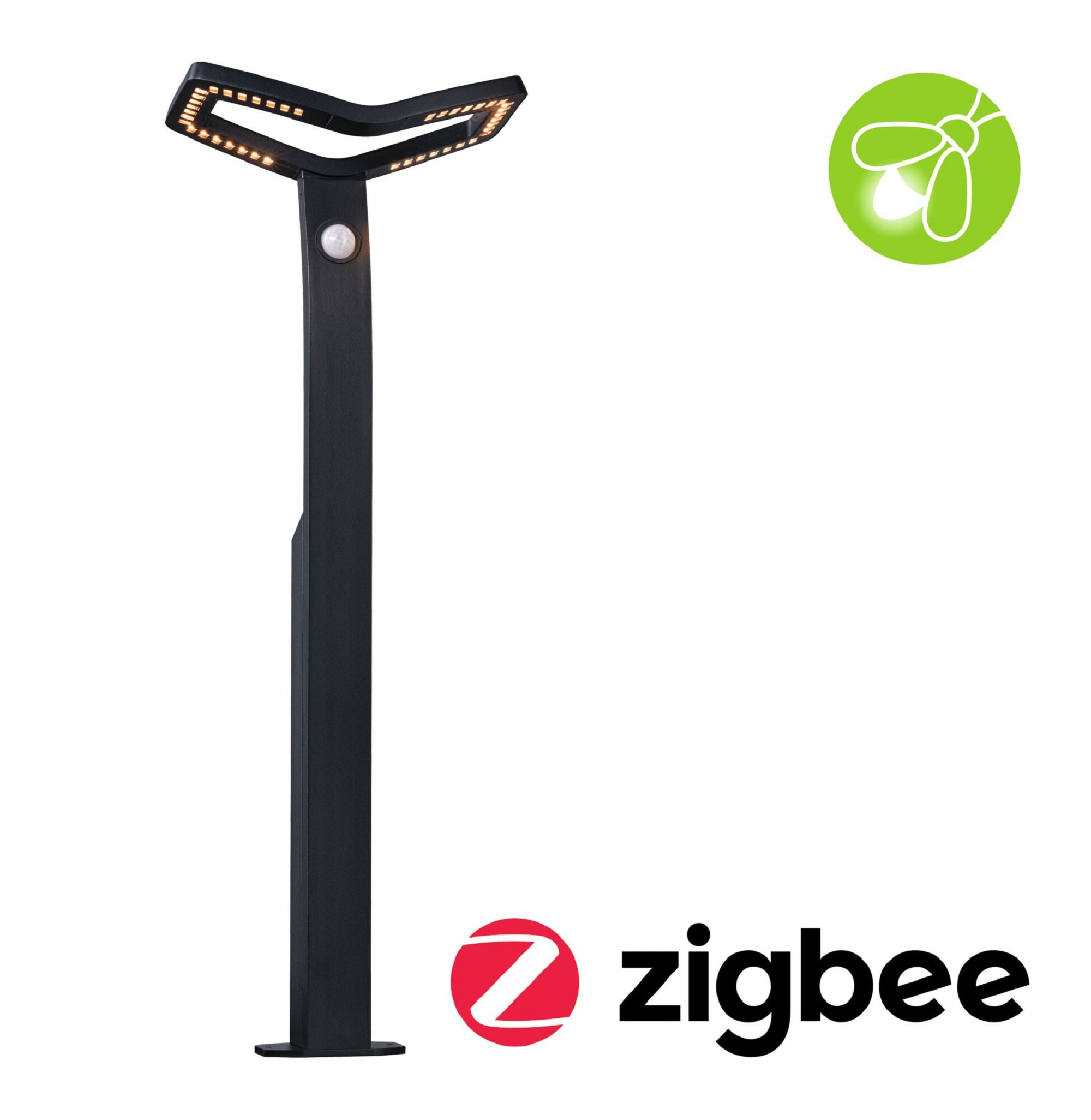 Czarny słupek oświetleniowy zewnętrzny z logo zigbee i symbolem żarówki.