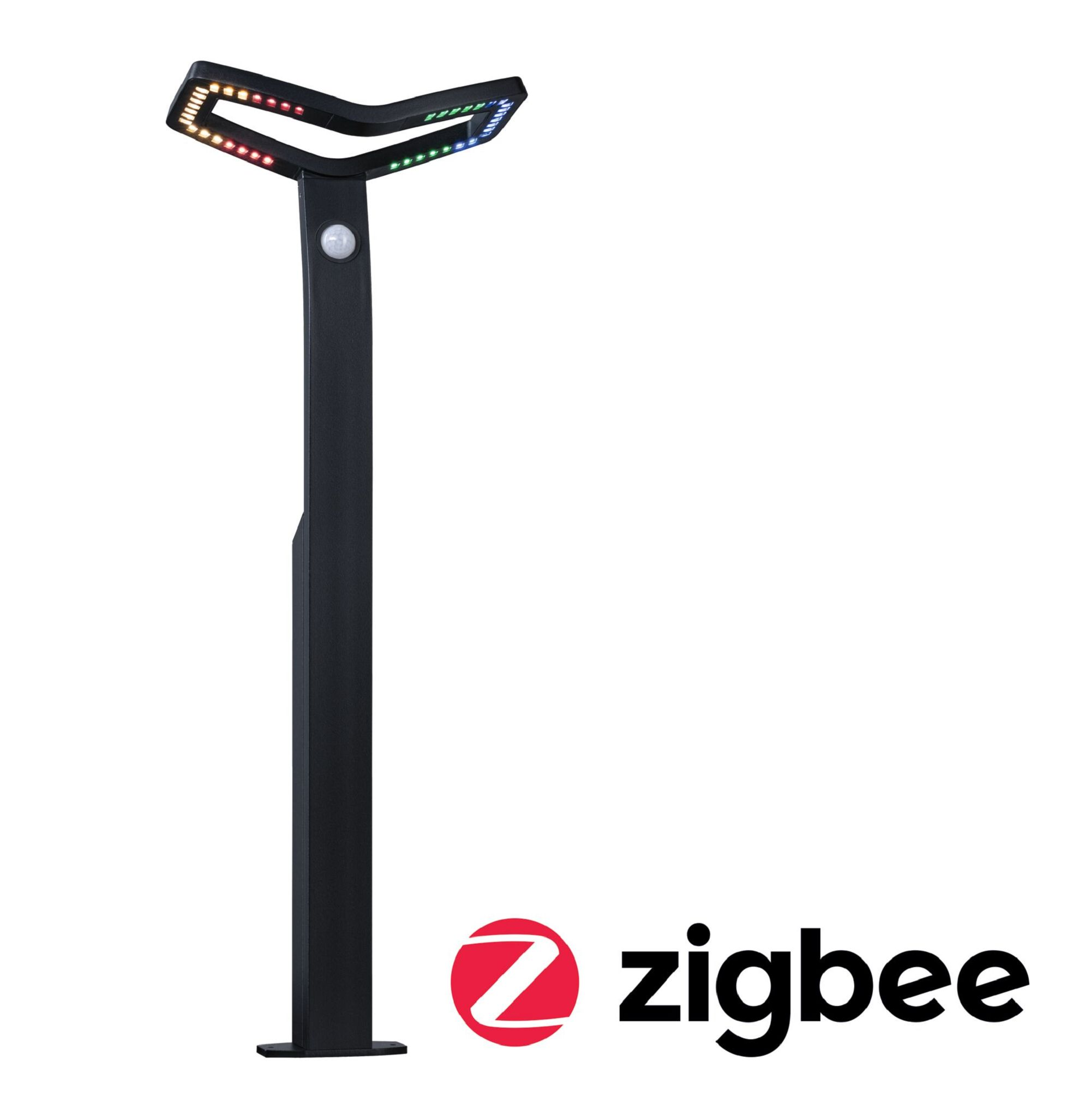 Czarny i wysoki słup oświetleniowy zigbee z wielokolorowymi światłami na górze i logo zigbee.