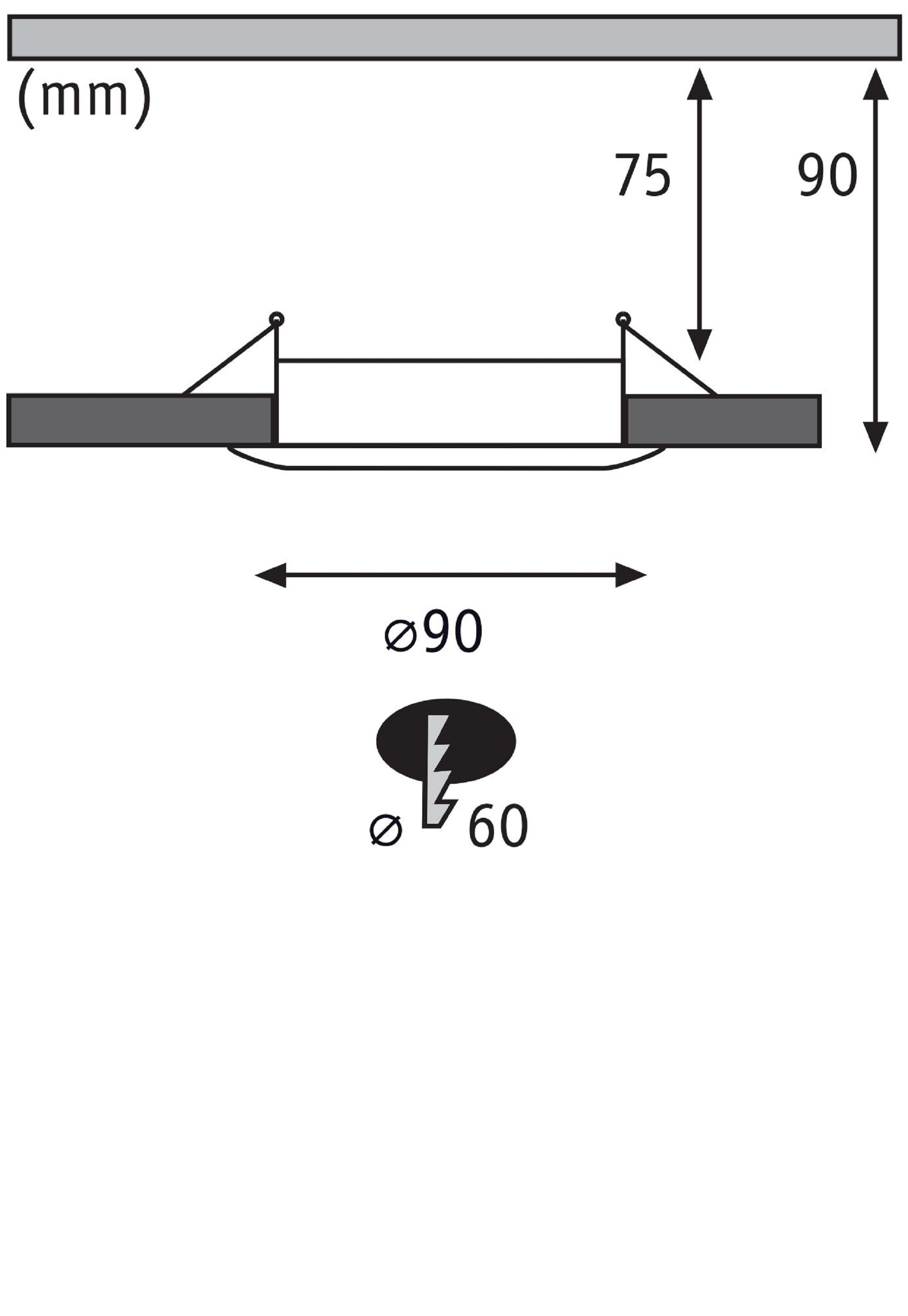 Diagramm eines elektrischen Bauteils mit Abmessungen und einem Blitzsymbol.