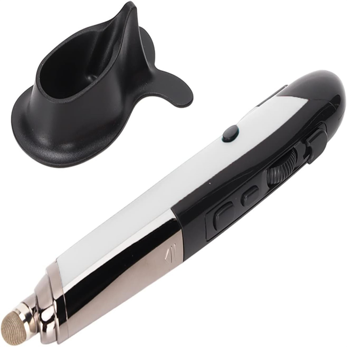 Stiftförmiger Stift mit schwarz-weißem Design und Ständer. Hat Knöpfe und eine Touch-Spitze.
