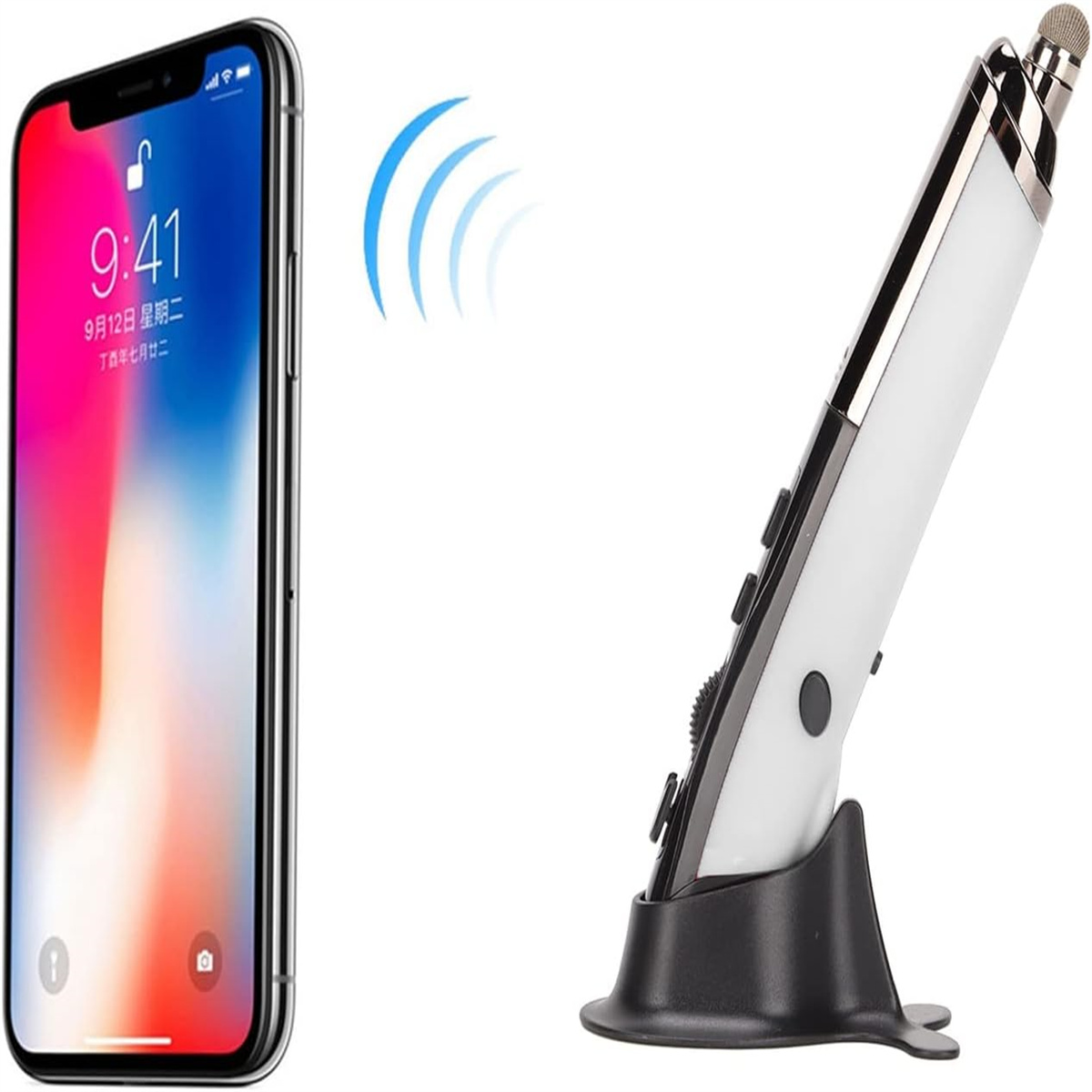 iPhone und ein Stift mit Ständer. Der Stift ist weiß und schwarz. Das Telefon ist in Gebrauch.
