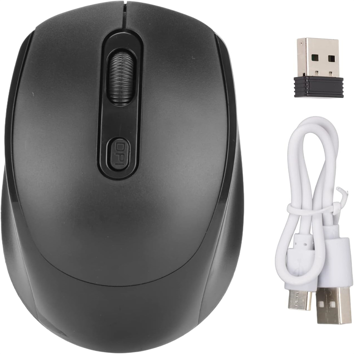 Schwarze kabellose Maus mit USB-Empfänger und Ladekabel.