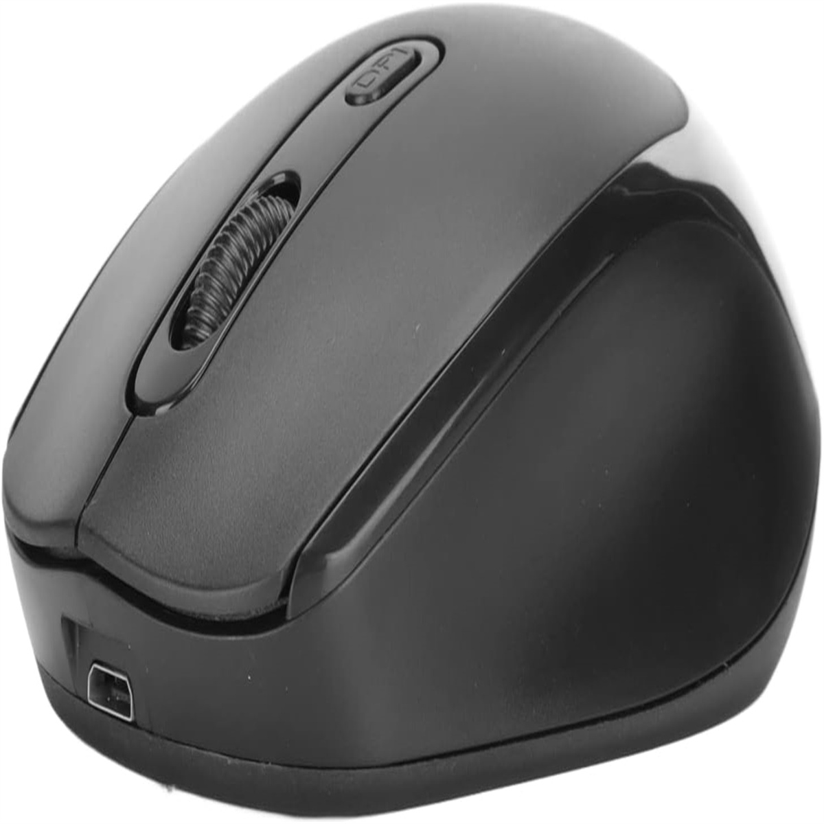Schwarze Computermaus mit Scrollrad und USB-Anschluss. Die Maus befindet sich auf einer weißen Oberfläche.
