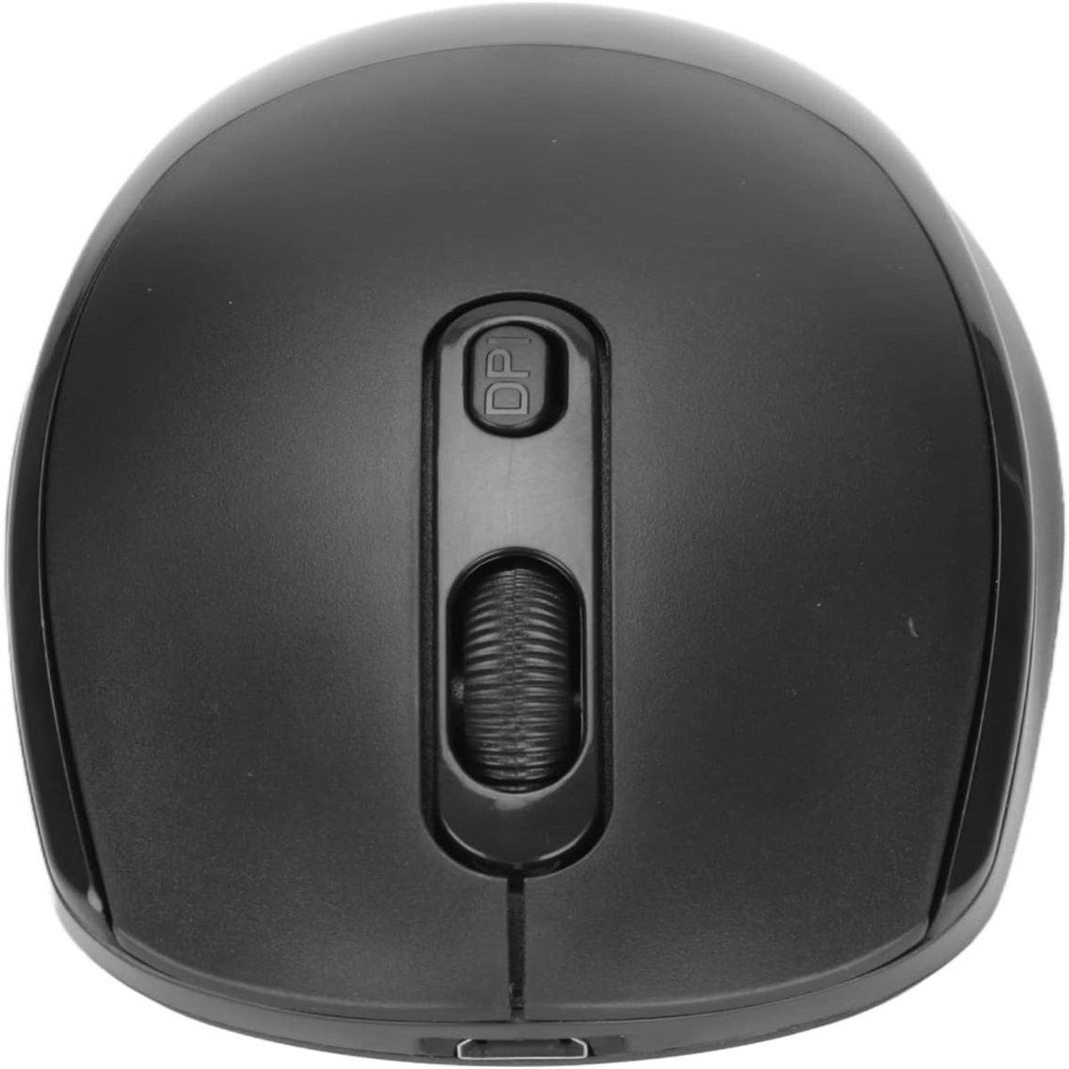 Draufsicht auf eine schwarze Computermaus mit Scrollrad und zwei Tasten.